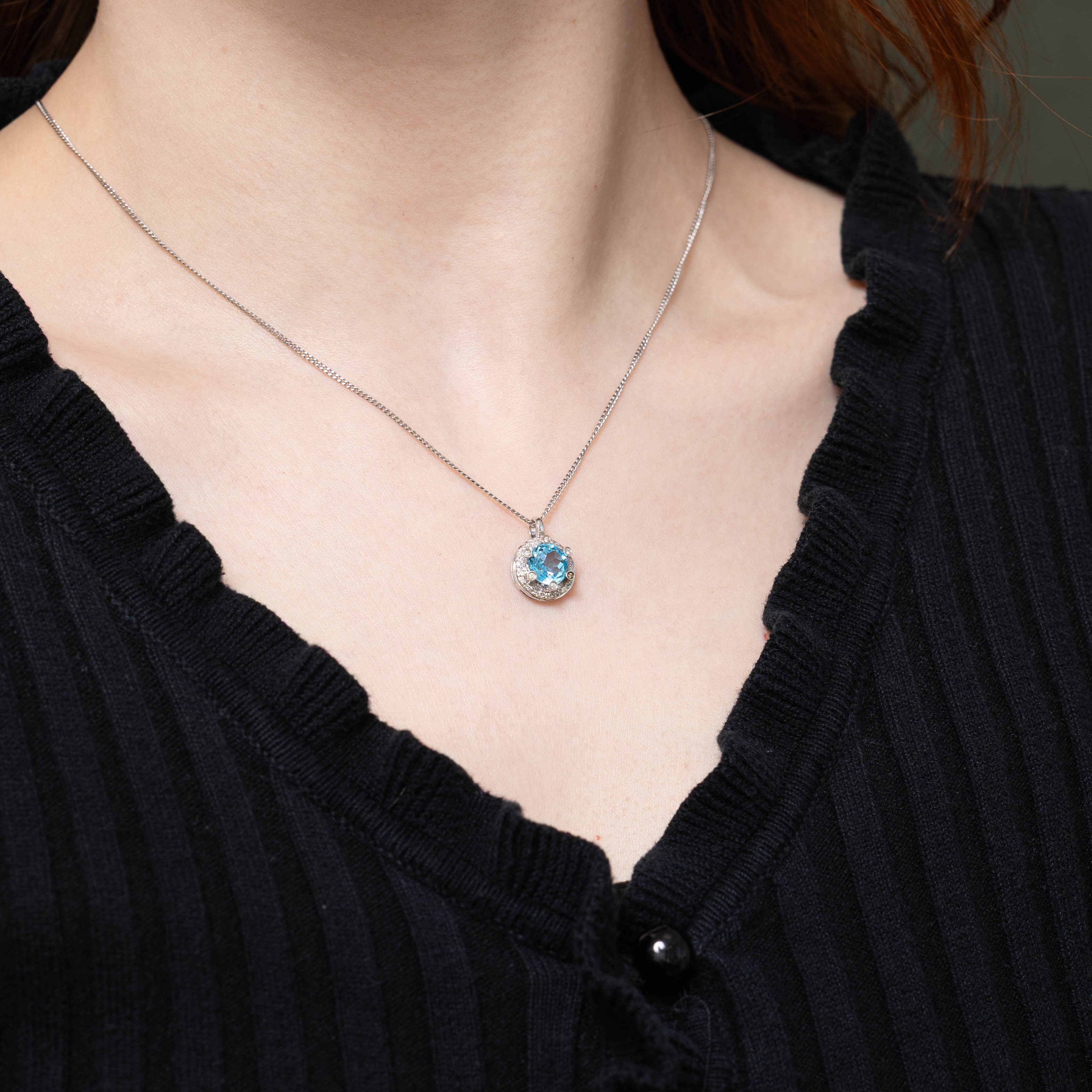 18k Blue Topaz & Diamond Halo Pendant | 2.00ct, 0.10ctw