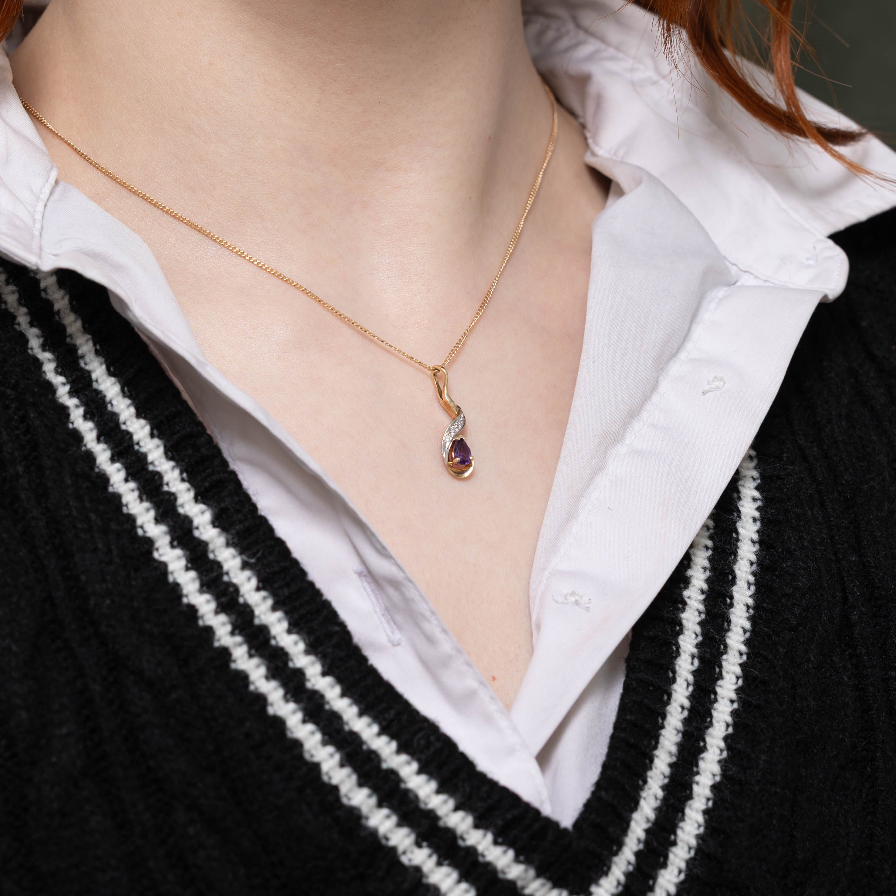 10k Amethyst & Diamond Wavy Drop Pendant | 0.36ct, 0.02ctw
