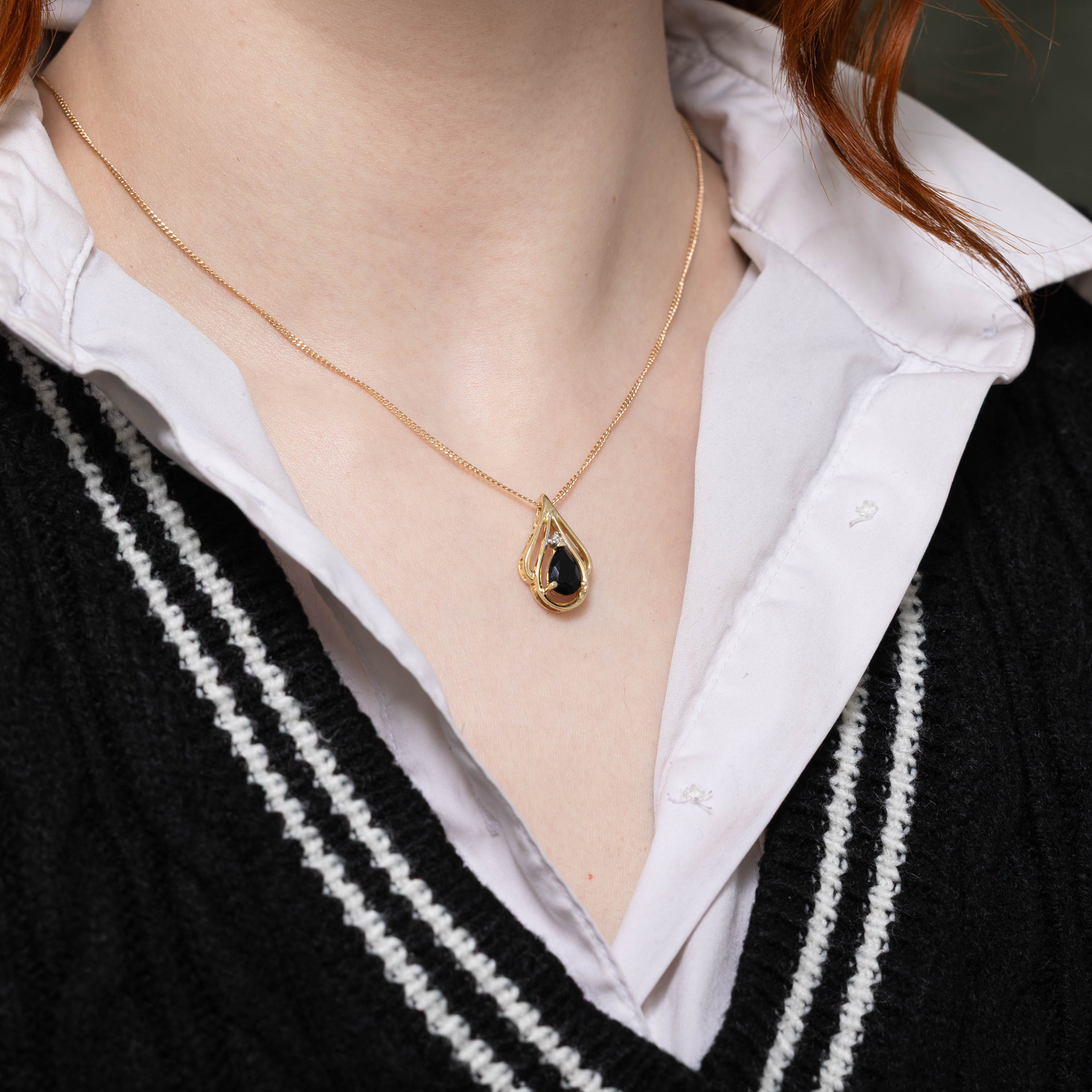 14k Pear Cut Onyx & Diamond Pendant | 0.60ct, 0.02ctw