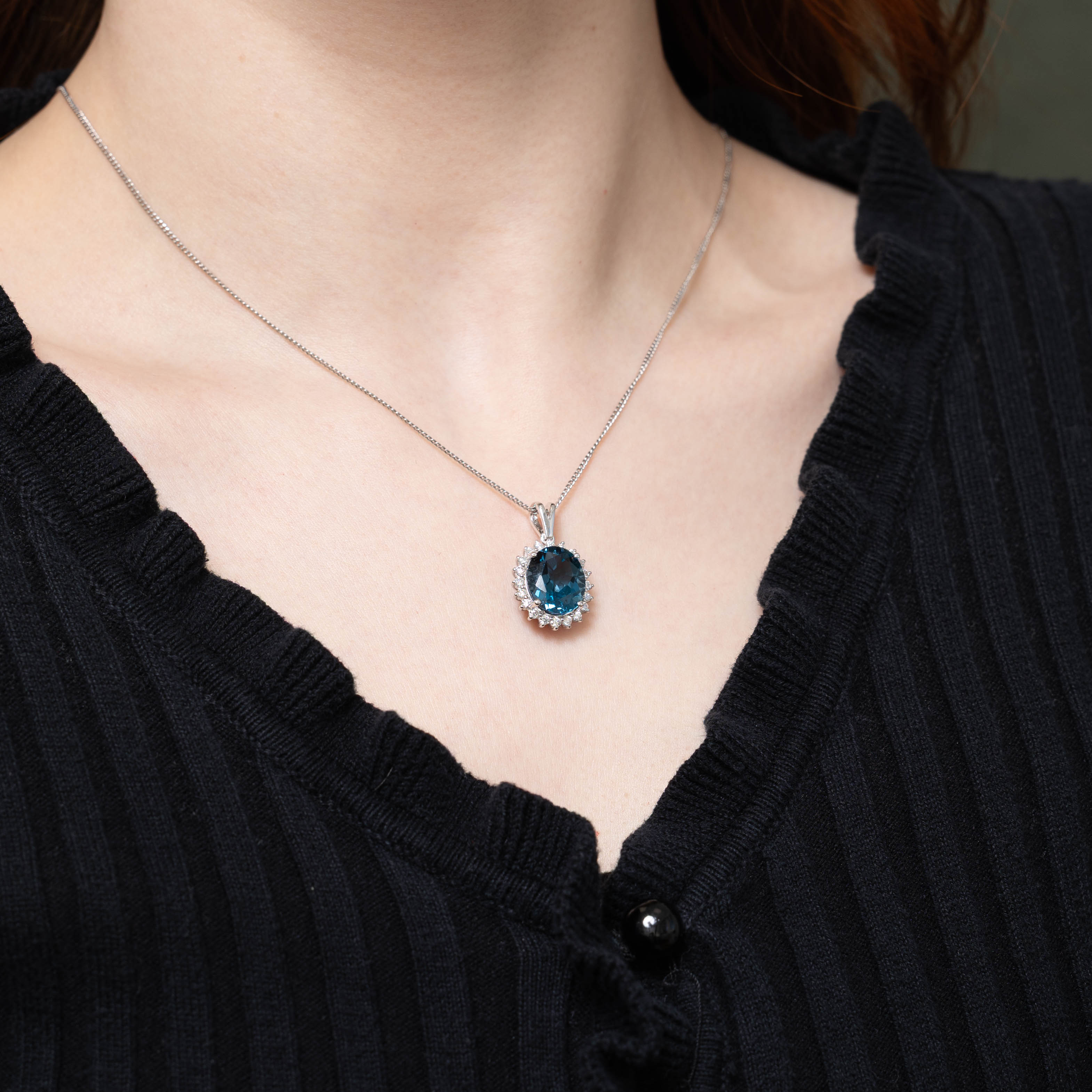 14k Blue Topaz & Diamond Petal Halo Pendant | 7.00ct, 0.50ctw