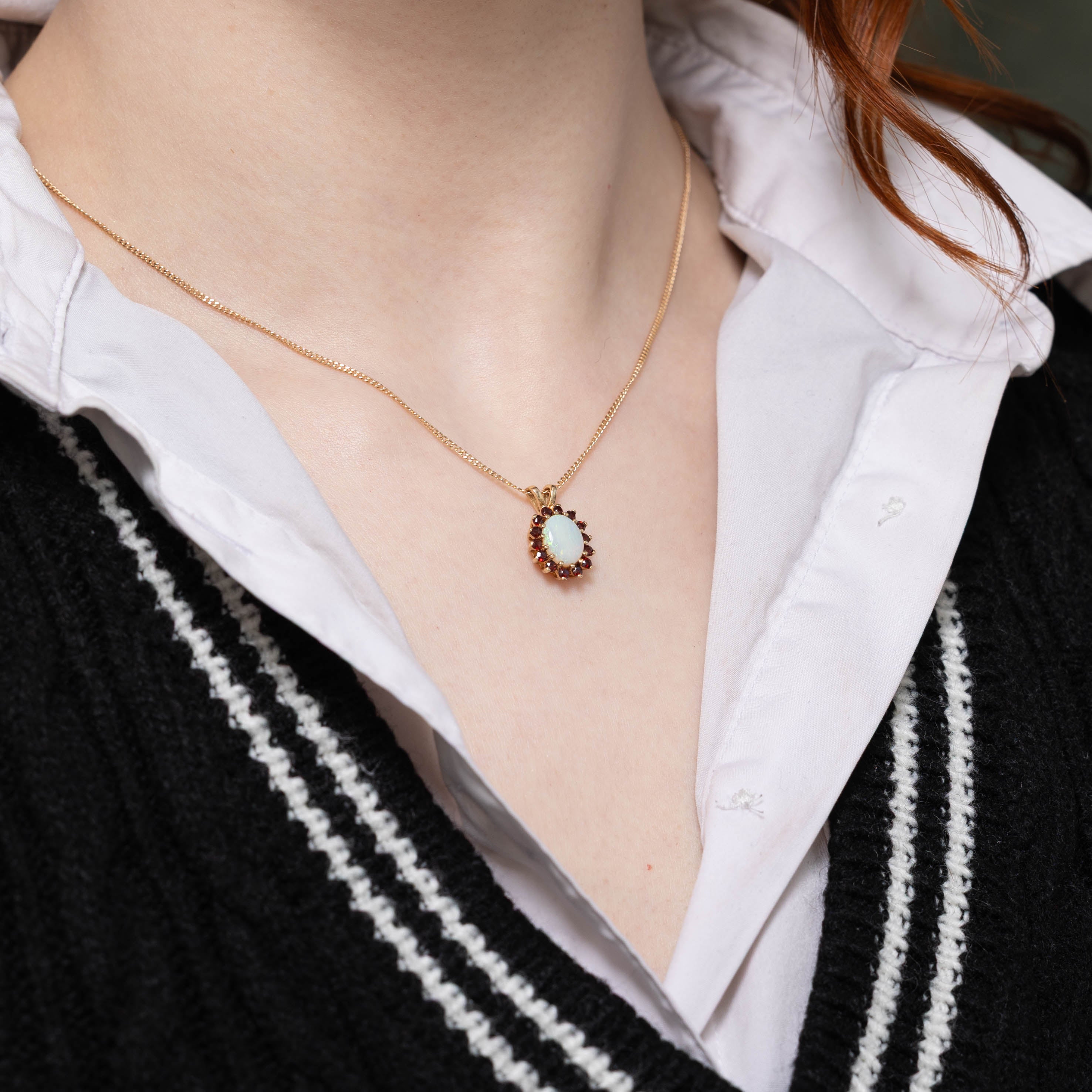 14k Opal & Garnet Halo Pendant | 1.30ctw