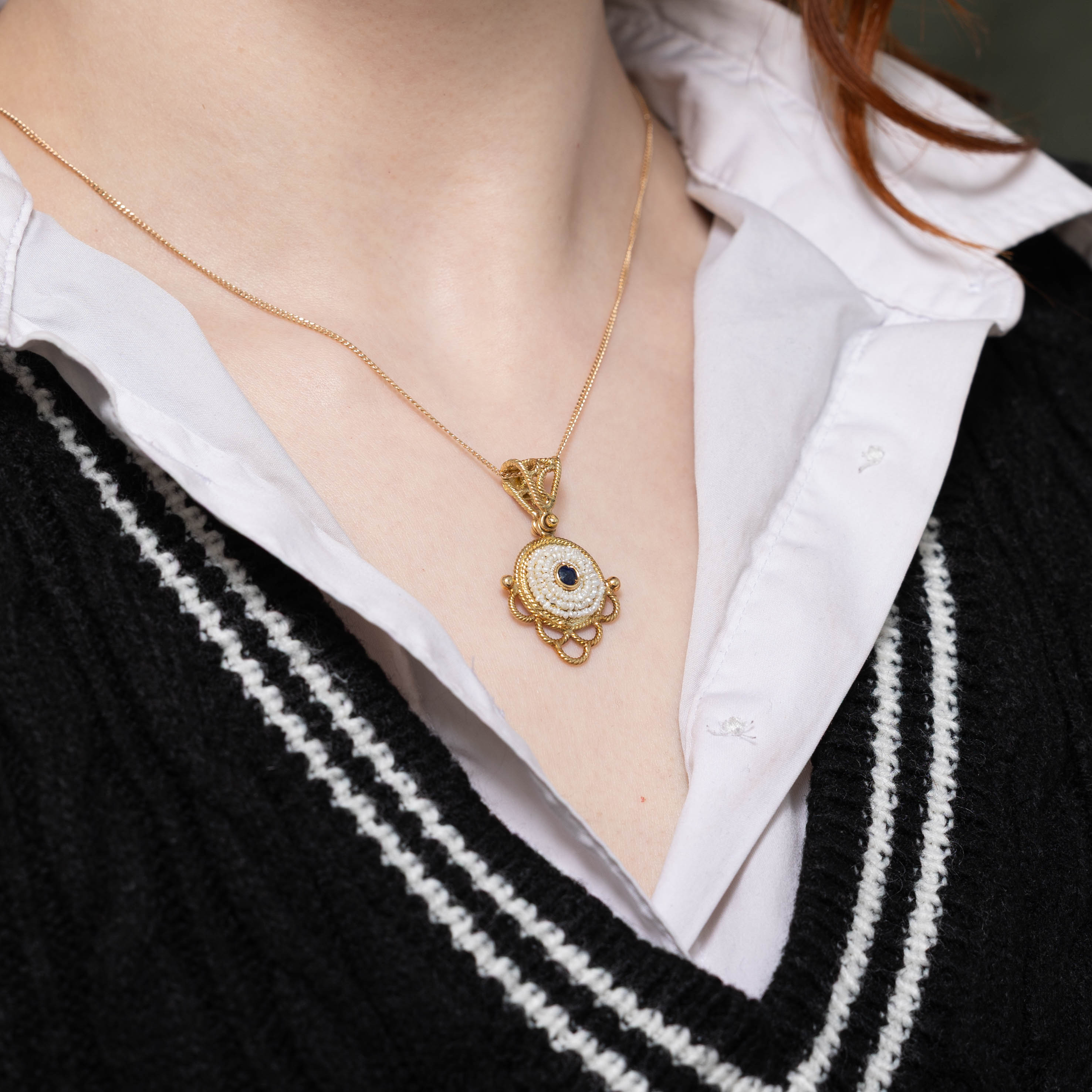 Italian 18k Sapphire & Pearl Ornate Pendant | 0.13ctw