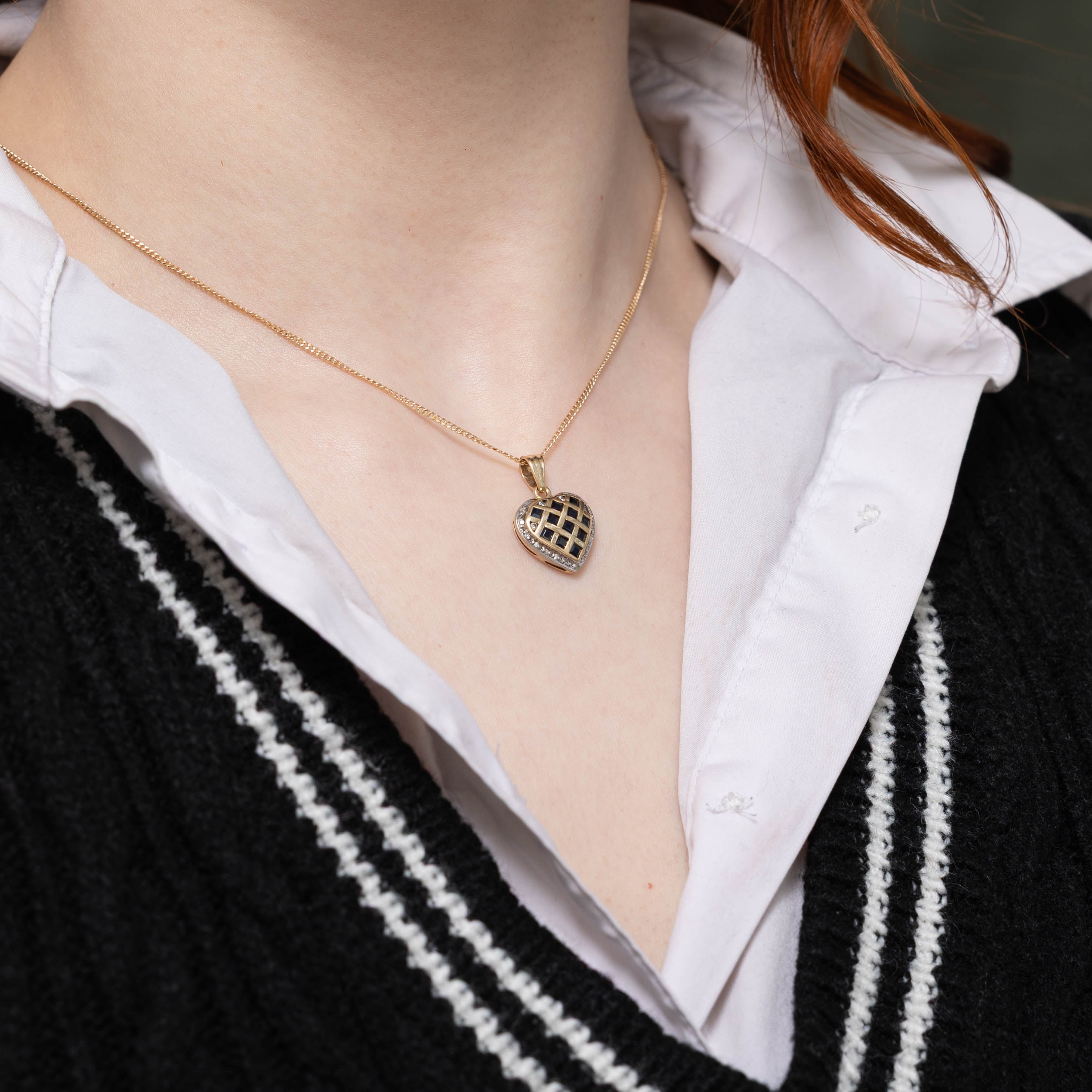 10k Sapphire Grid & Diamond Heart Pendant | 0.42ctw, 0.10ctw