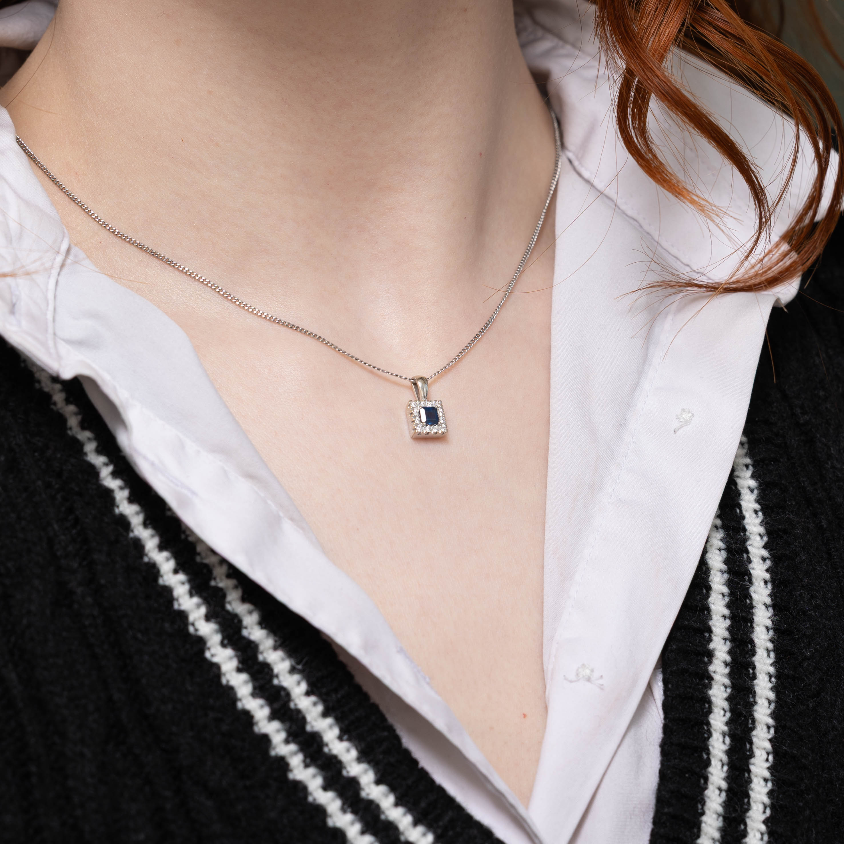 14k Square Cut Sapphire & Diamond Halo Pendant | 0.36ct, 0.15ctw