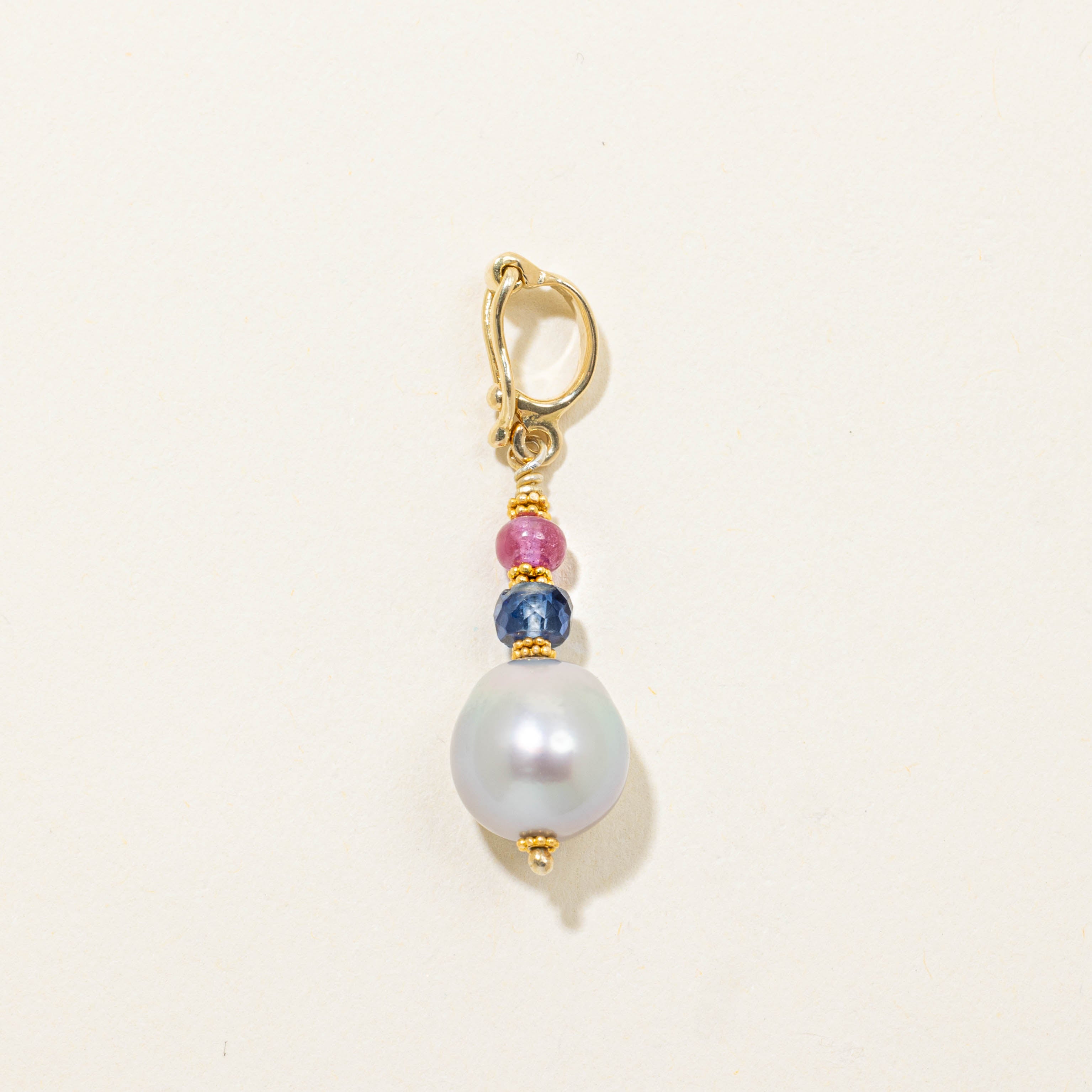 18k Sapphire, Ruby & Pearl Drop Pendant | 0.60ctw