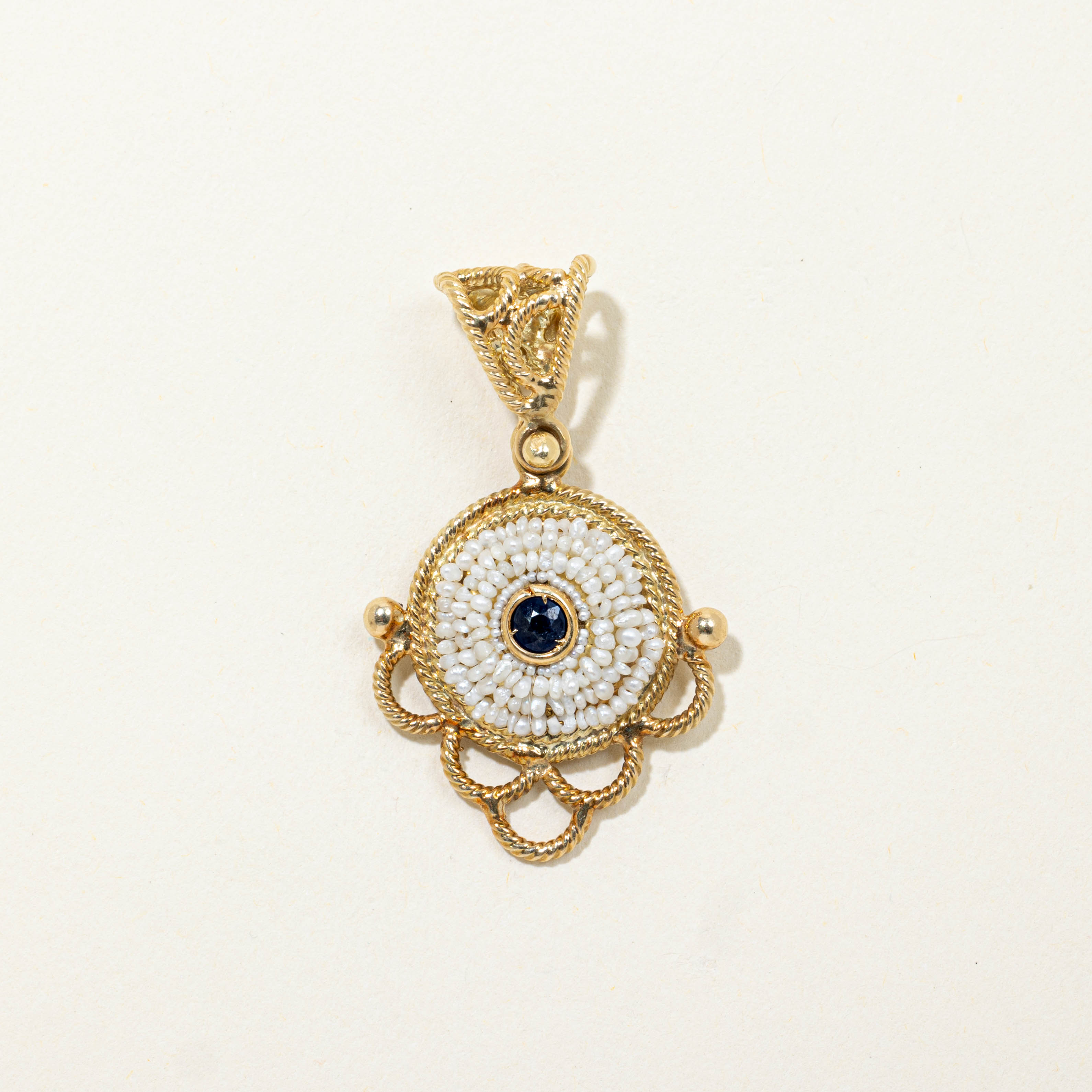 Italian 18k Sapphire & Pearl Ornate Pendant | 0.13ctw