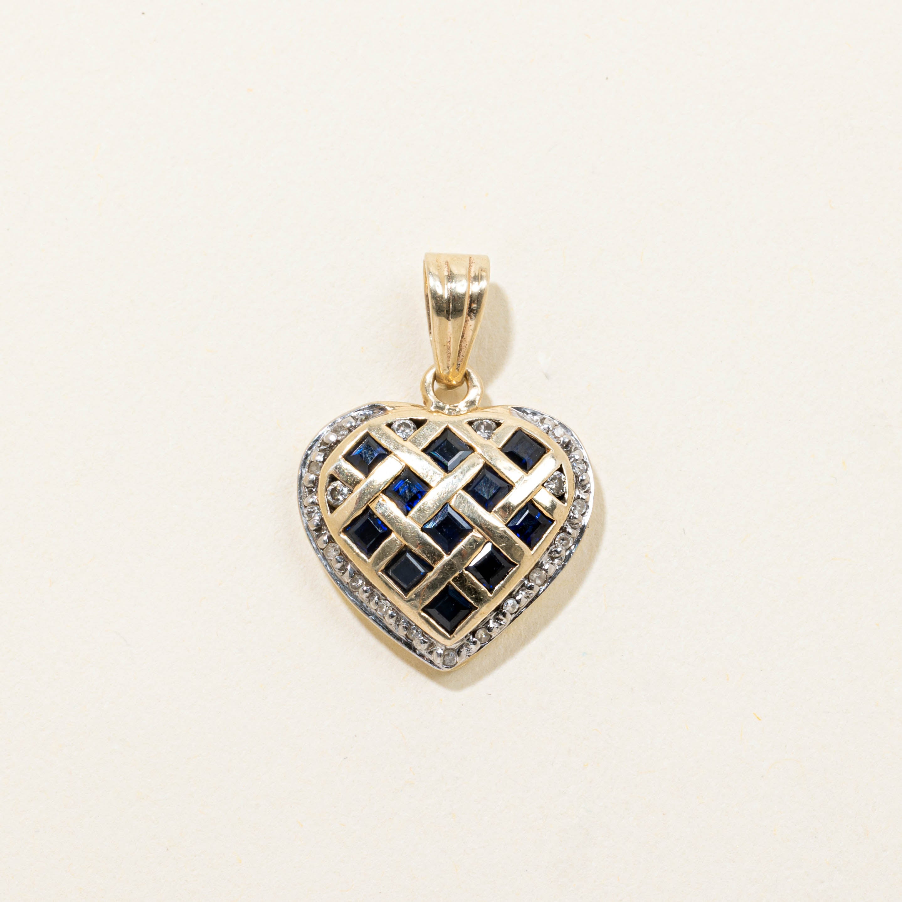 10k Sapphire Grid & Diamond Heart Pendant | 0.42ctw, 0.10ctw