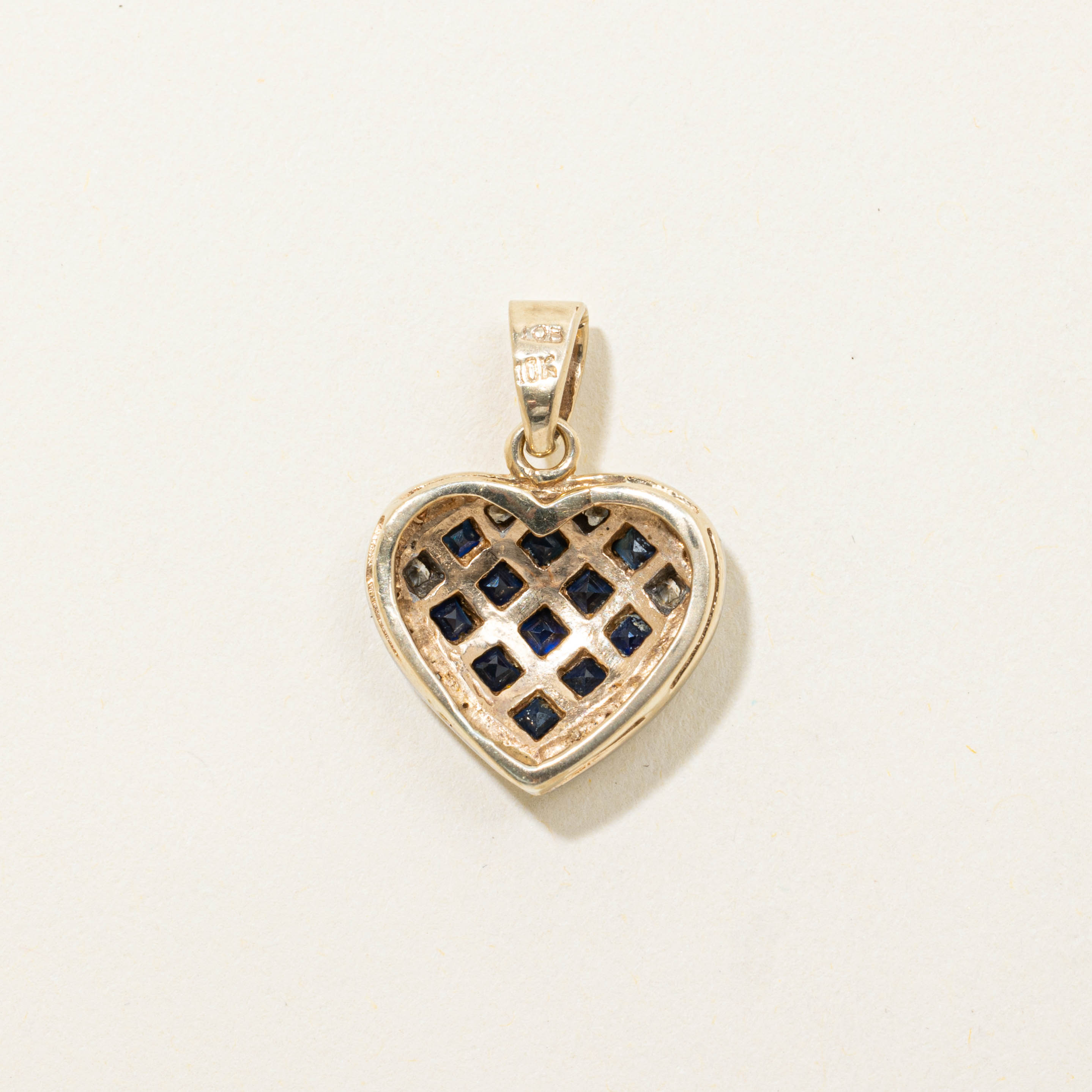 10k Sapphire Grid & Diamond Heart Pendant | 0.42ctw, 0.10ctw