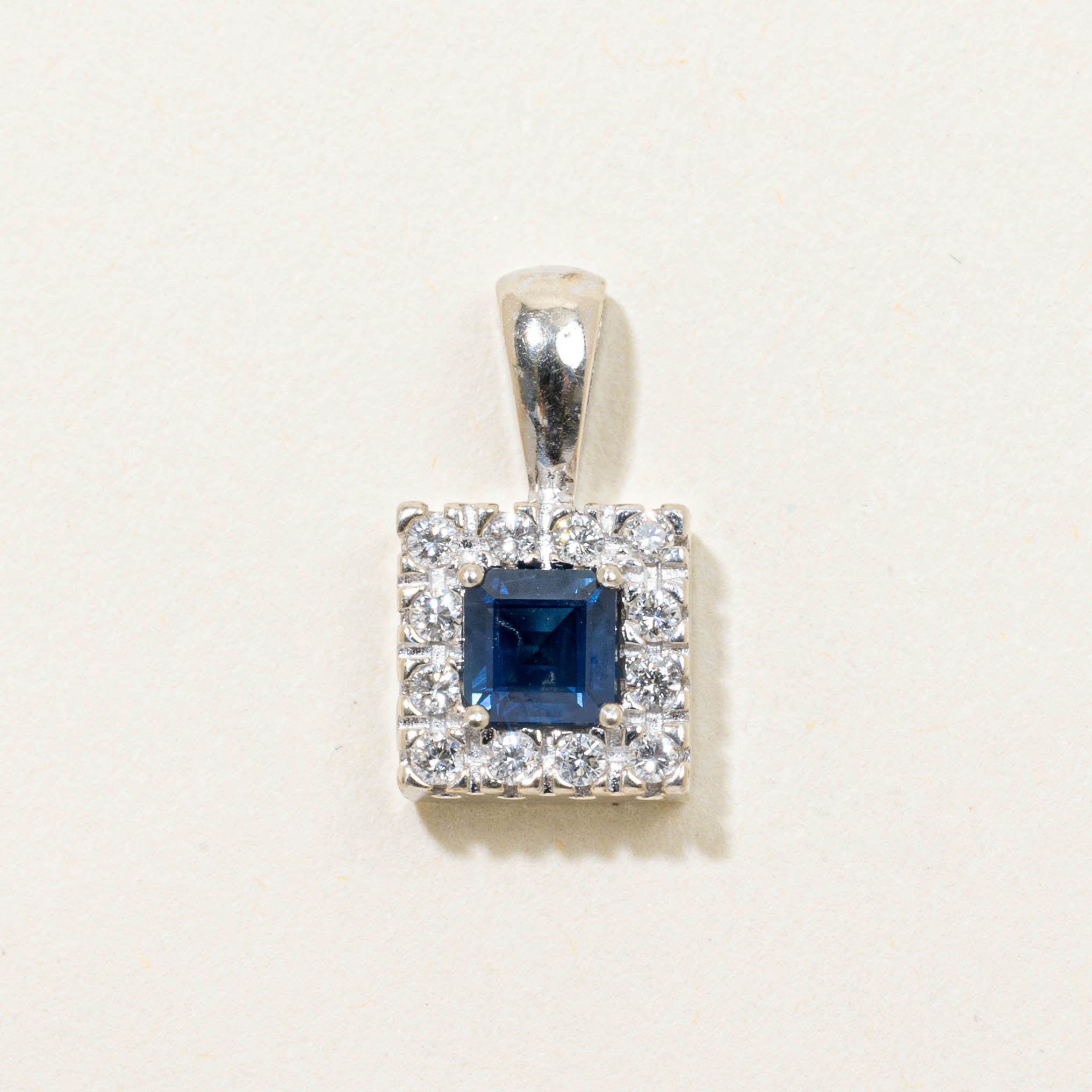 14k Square Cut Sapphire & Diamond Halo Pendant | 0.36ct, 0.15ctw