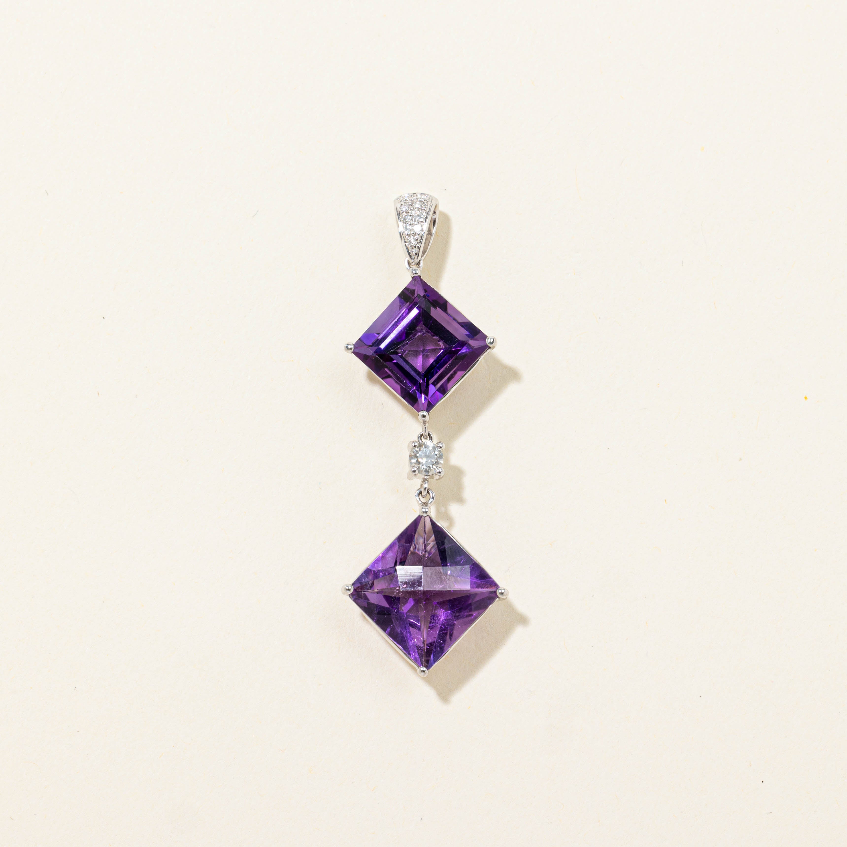 14k Two Stone Amethyst & Diamond Geometric Drop Pendant | 8.00ctw, 0.17ctw
