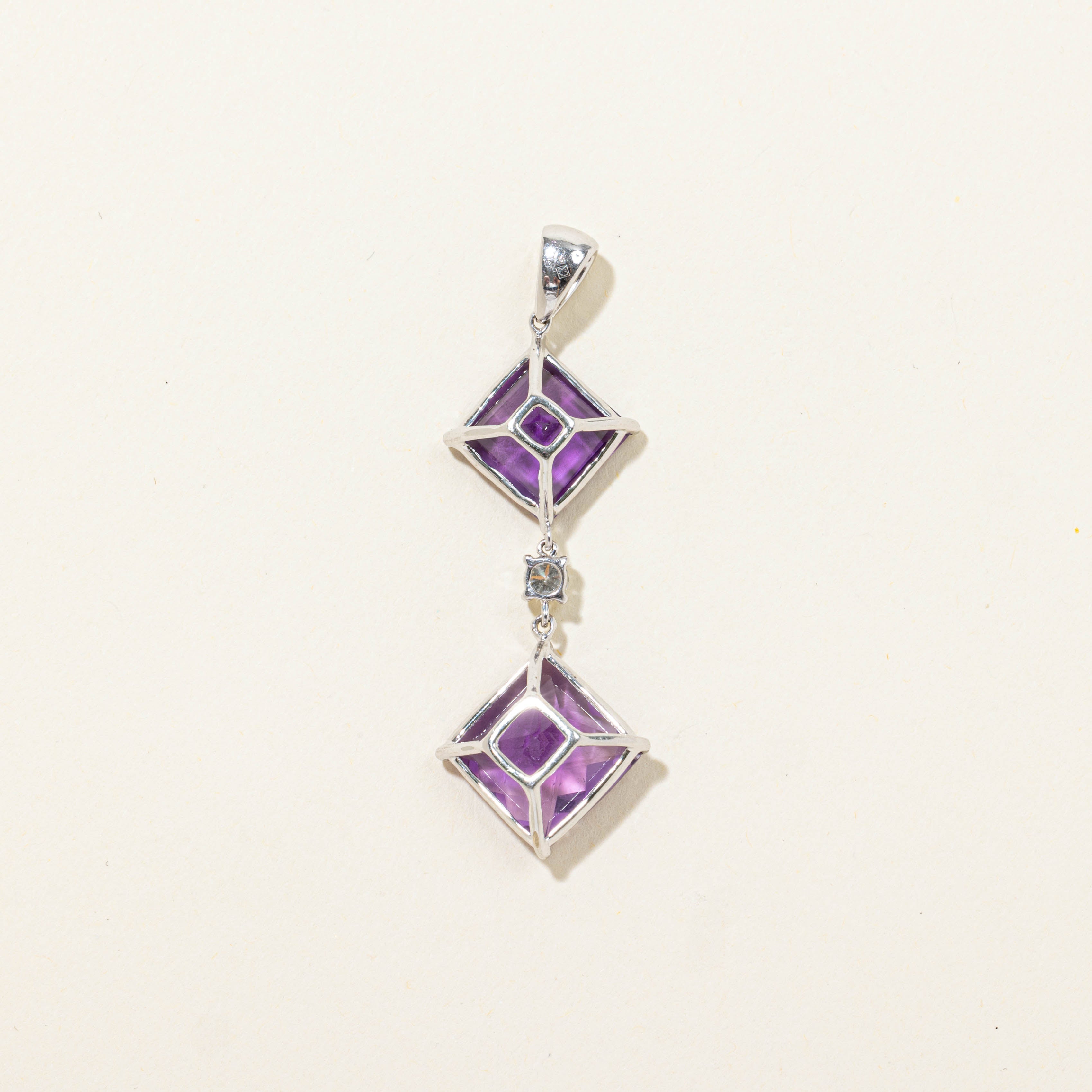 14k Two Stone Amethyst & Diamond Geometric Drop Pendant | 8.00ctw, 0.17ctw