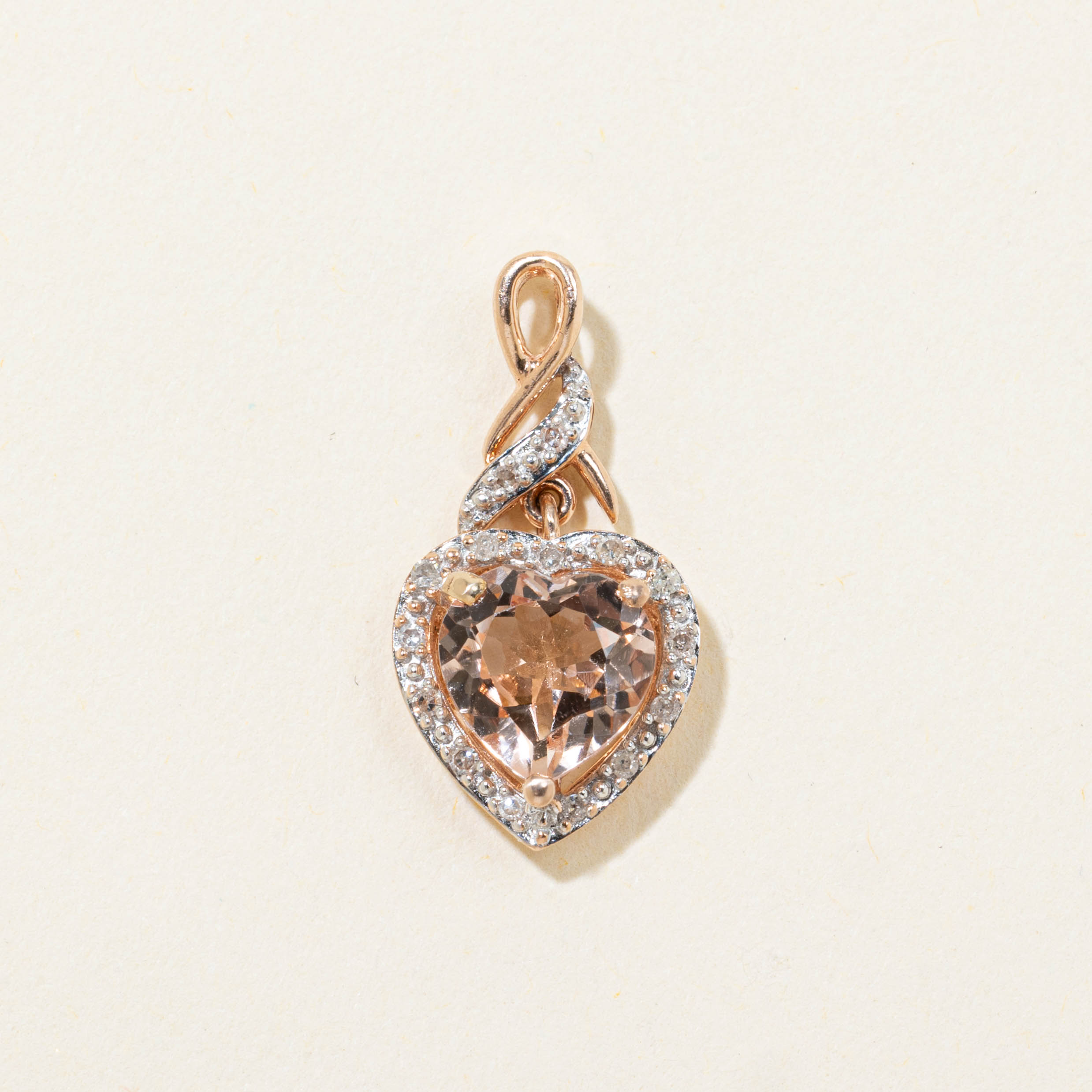 10k Rose Gold Heart Cut Morganite & Diamond Halo Pendant | 1.50ct, 0.07ctw