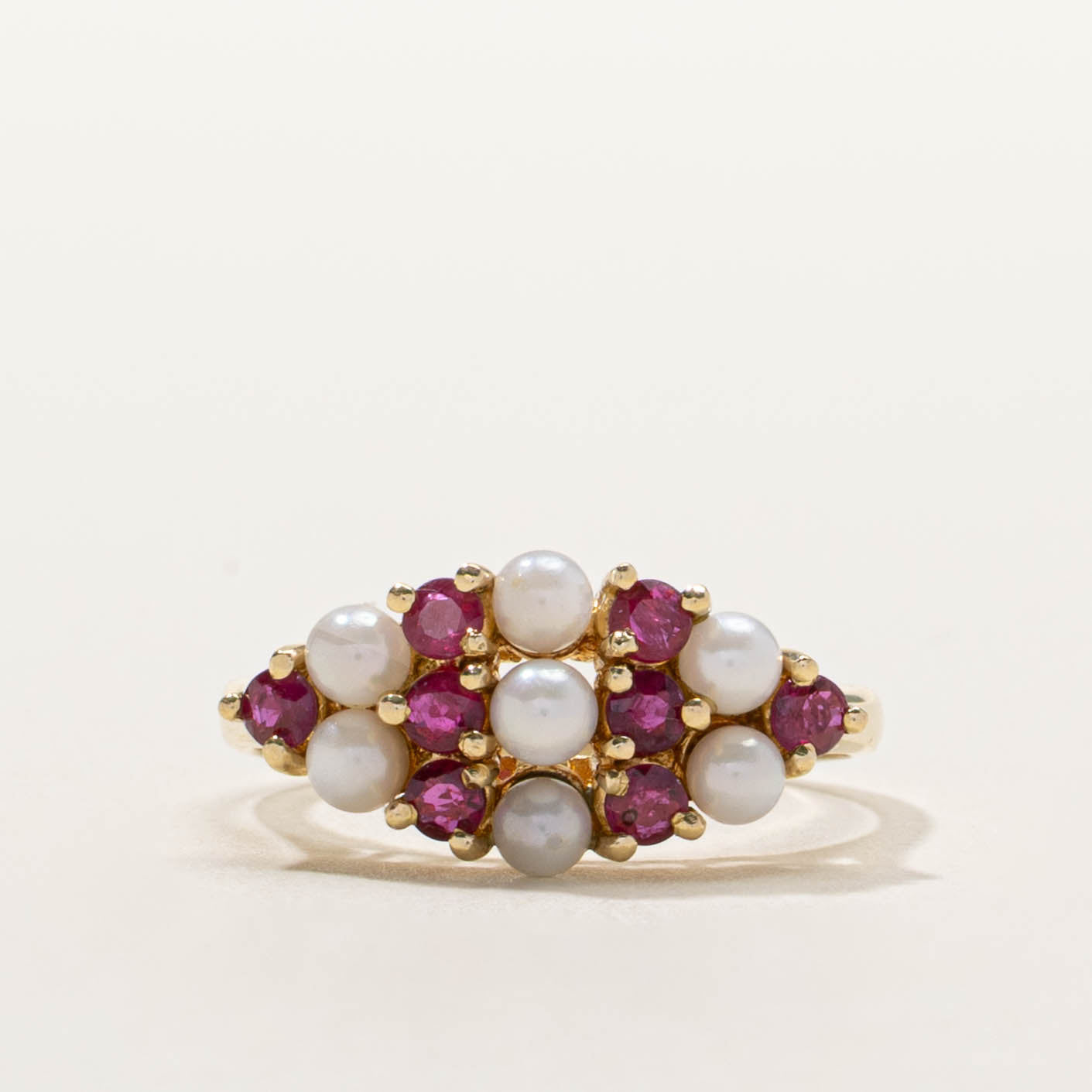 14k Ruby & Pearl Striped Marquise Cluster Ring | SZ 6.5