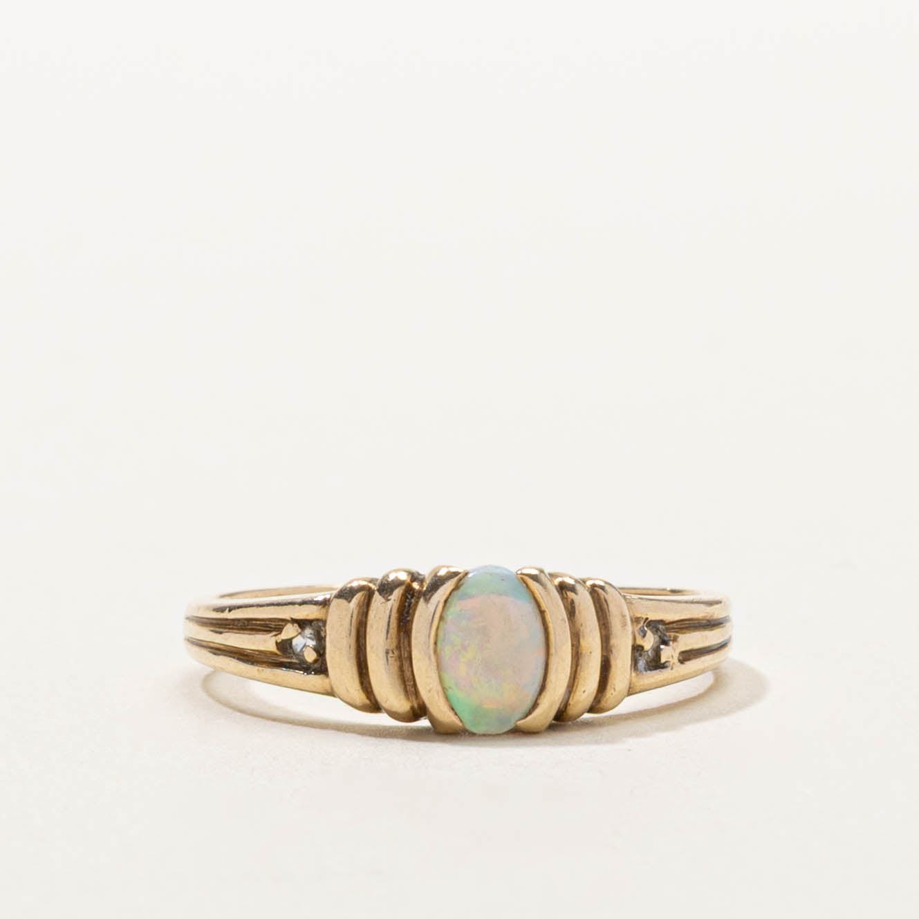 10k Opal & Diamond Grooved Ring | SZ 5.5