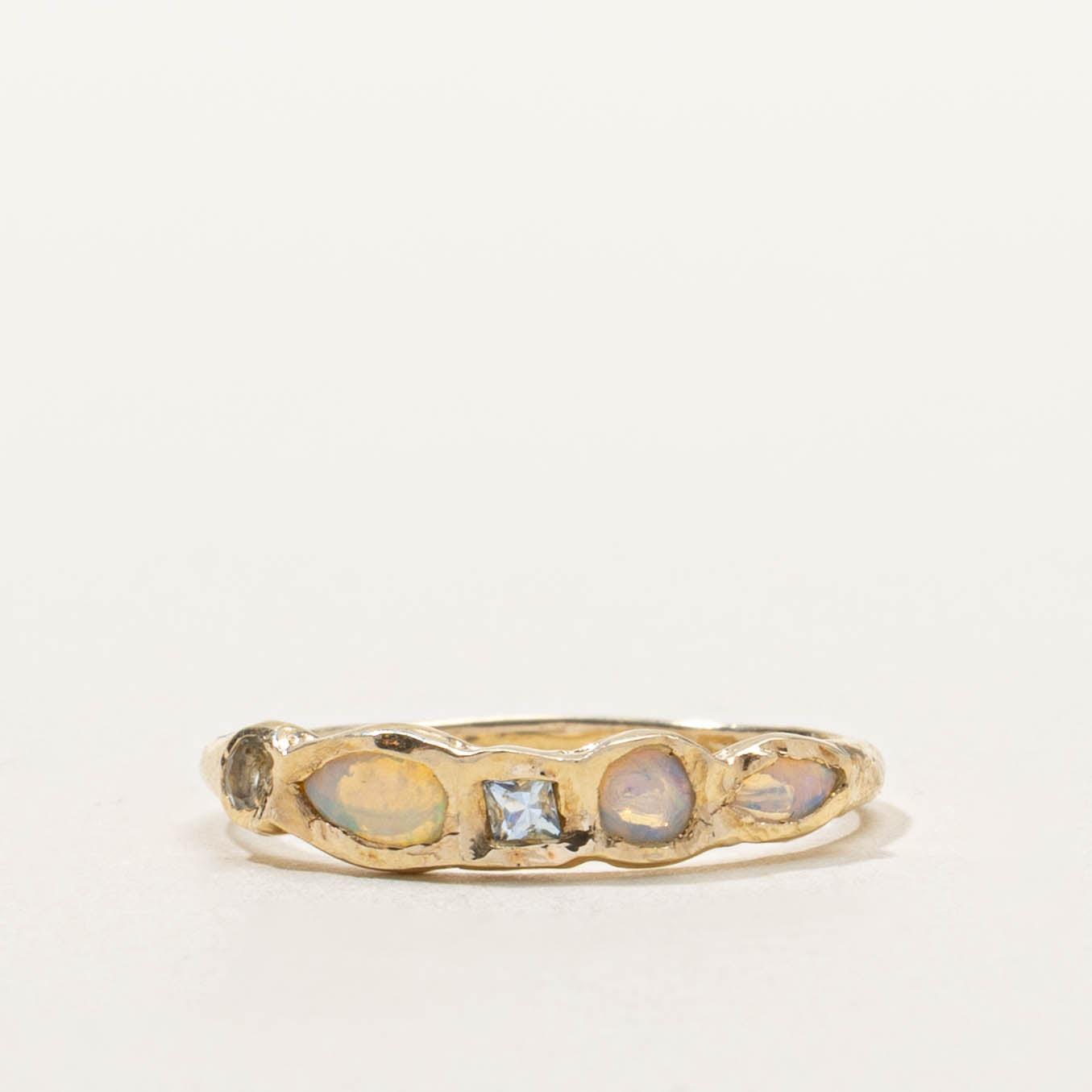 14k Flush Set Citrine, Opal & Aquamarine Textured Ring | SZ 6.5