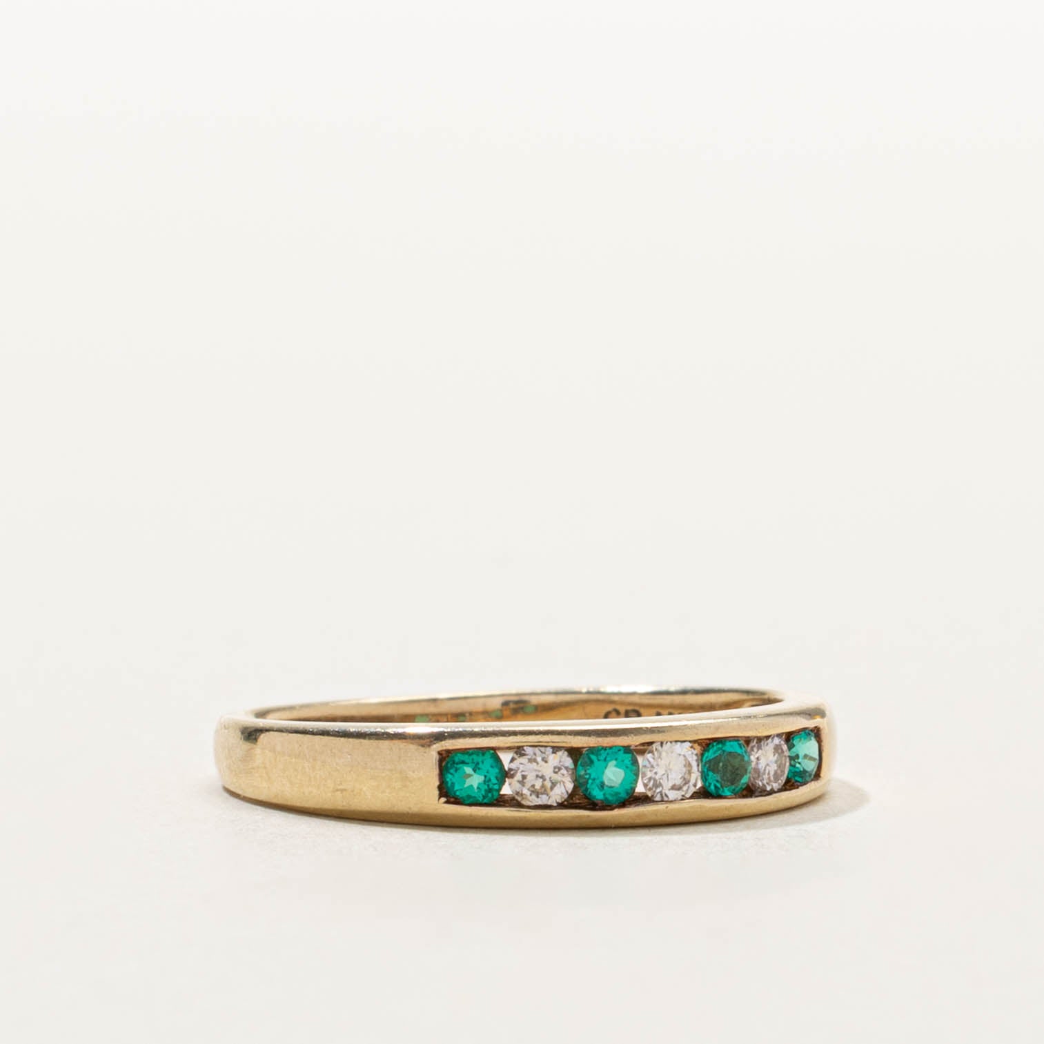 10k Channel Set Synthetic Emerald & Diamond Ring | SZ 7.5