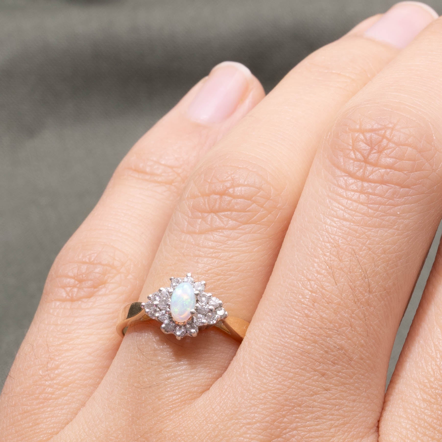 14k Opal & Diamond Cluster Reverse Tapered Ring | SZ 7