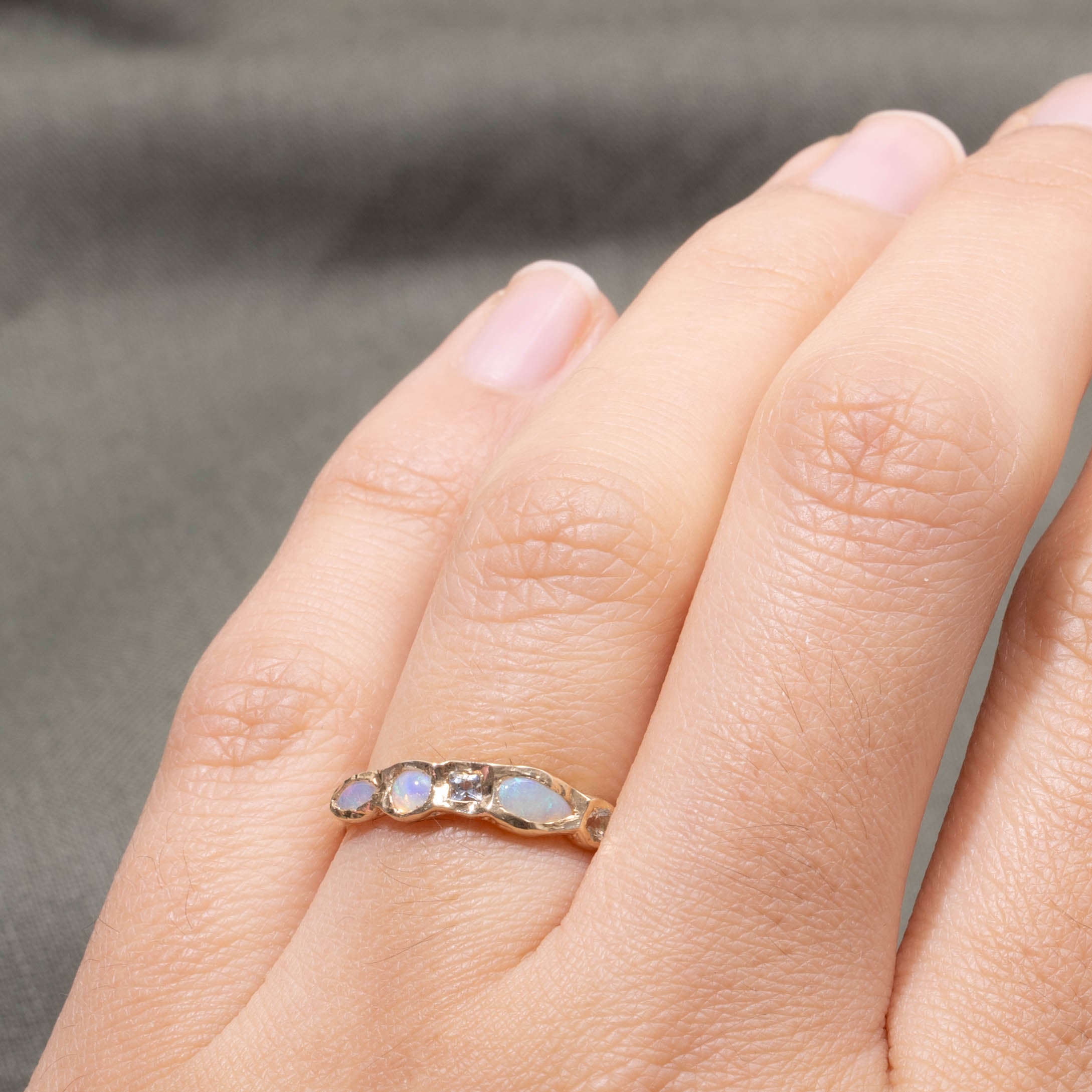 14k Flush Set Citrine, Opal & Aquamarine Textured Ring | SZ 6.5