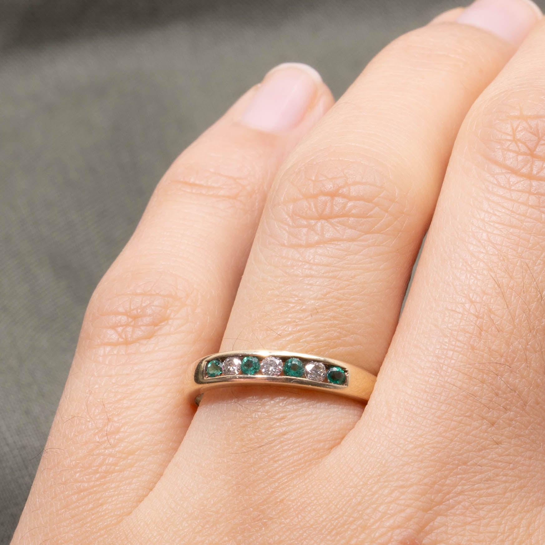 10k Channel Set Synthetic Emerald & Diamond Ring | SZ 7.5