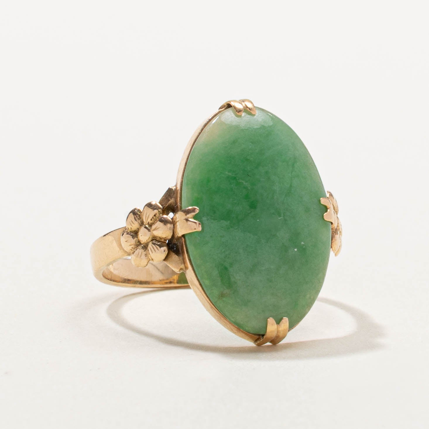 18k Solitaire Jadeite Floral Accented Ring | 5.00ct | SZ 6.25