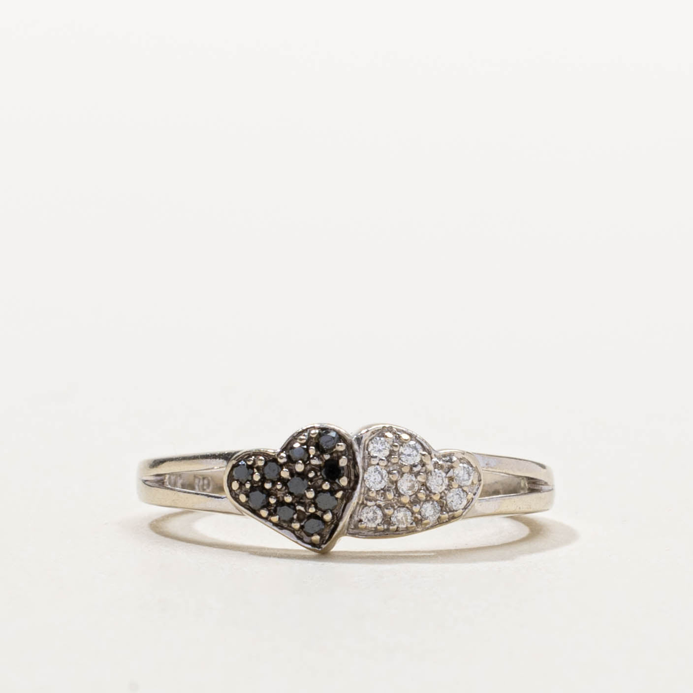 10k Black & White Diamond Double Heart Ring | 0.10ctw | SZ 4.25