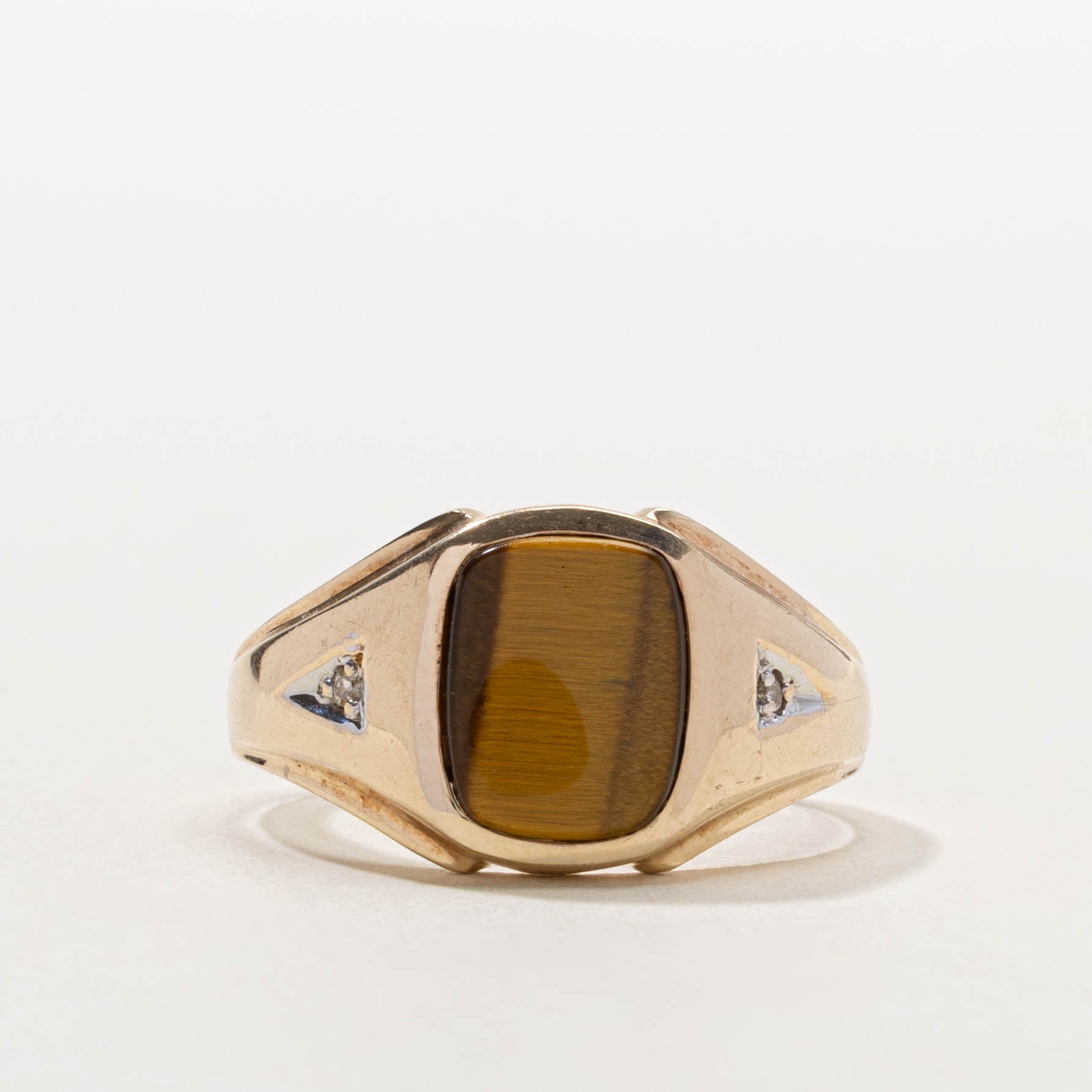 10k Tiger's Eye & Diamond Signet Ring | 2.50ct, 0.02ctw | SZ 8.5