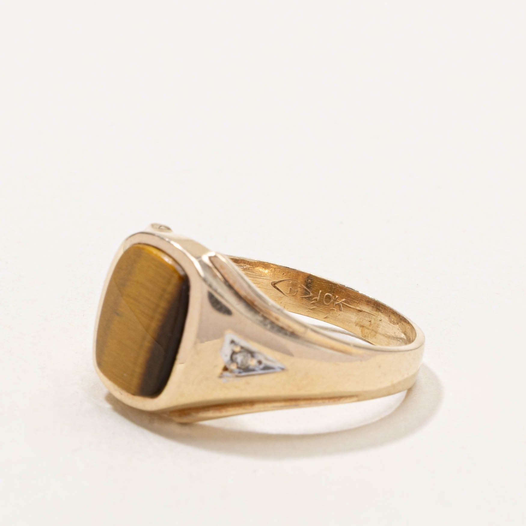 10k Tiger's Eye & Diamond Signet Ring | 2.50ct, 0.02ctw | SZ 8.5