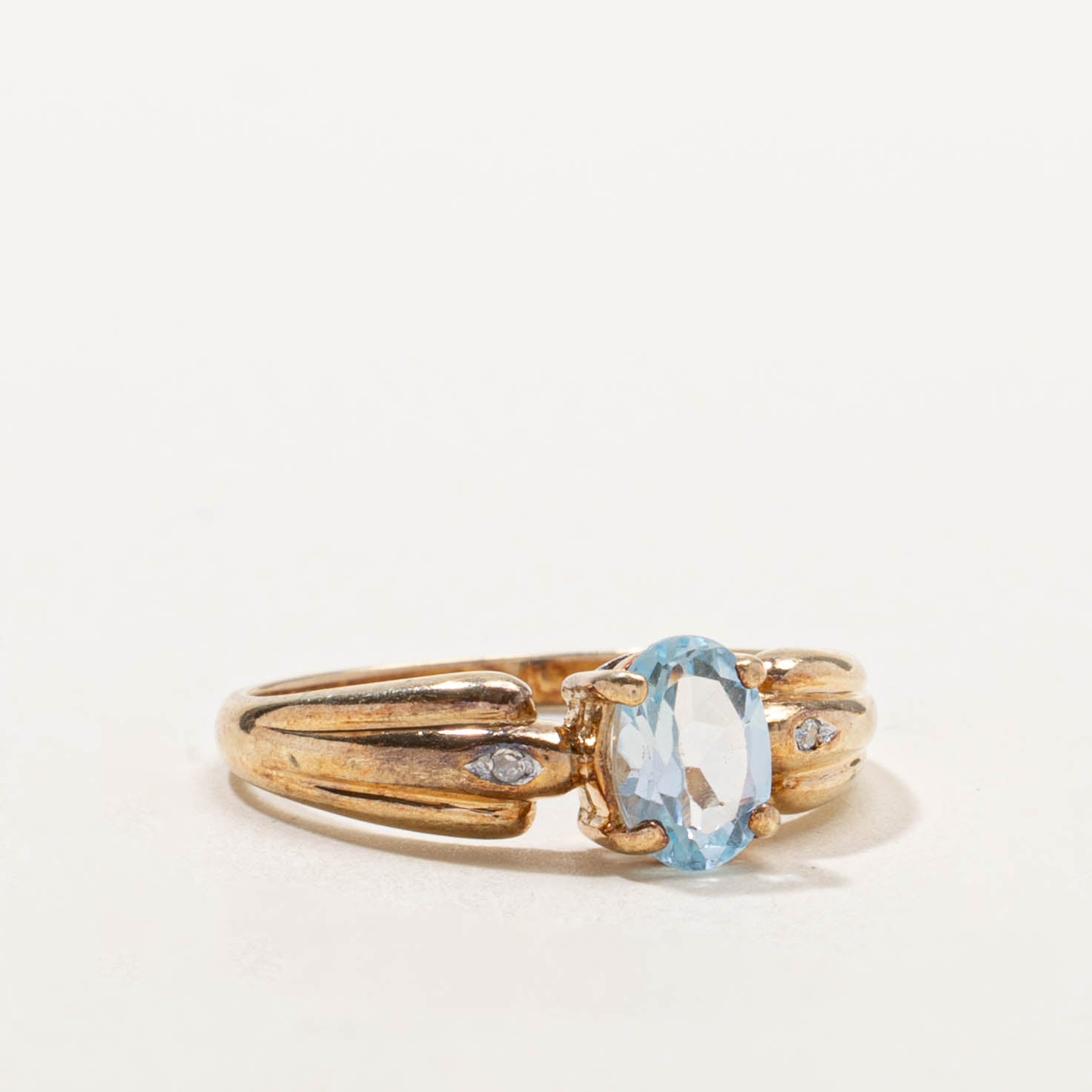 10k Blue Topaz & Diamond Accented Grooved Ring | 0.80ct, 0.01ctw | SZ 7