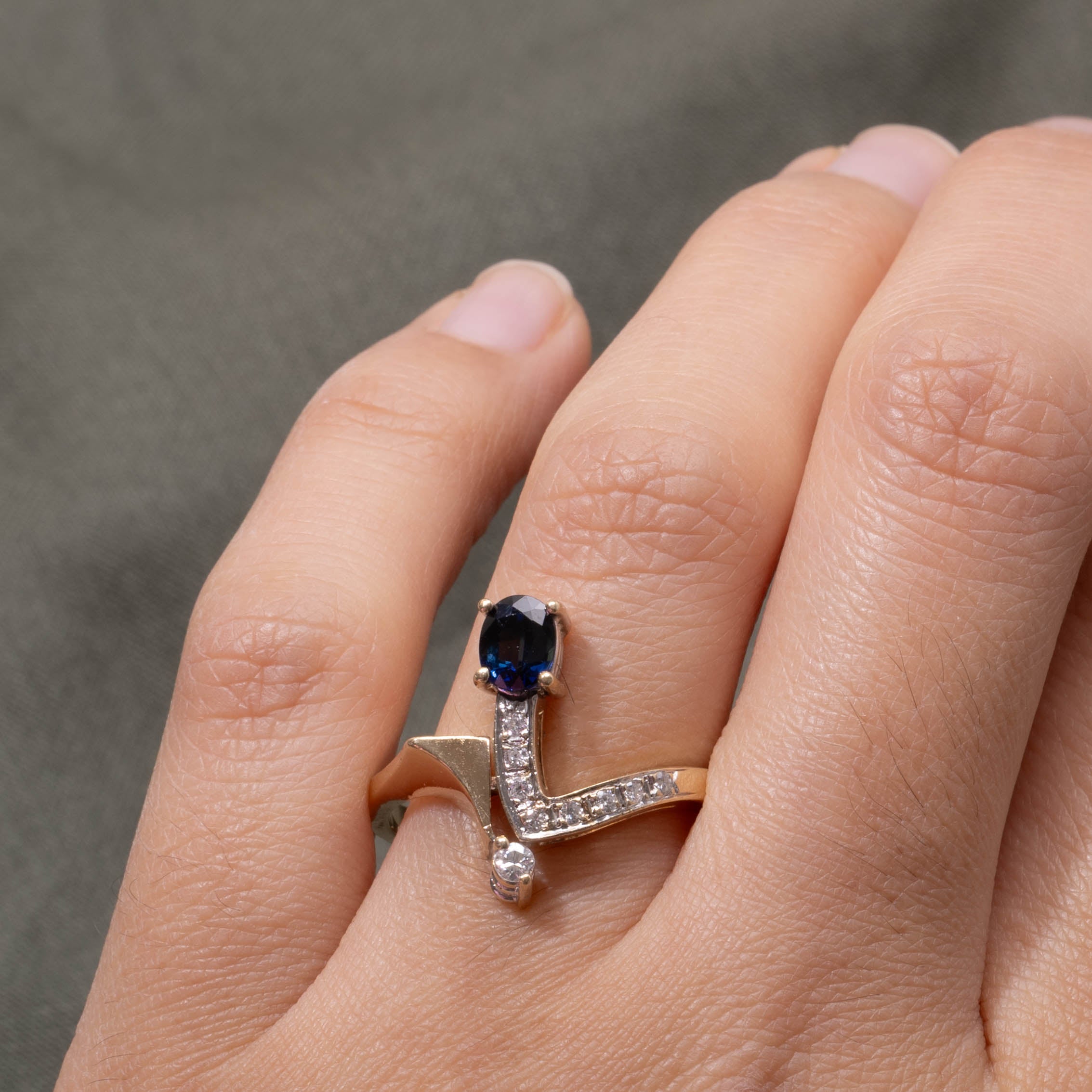 10k Sapphire & Diamond Geometric Bypass Ring | 0.65ct, 0.12ctw | SZ 9.75