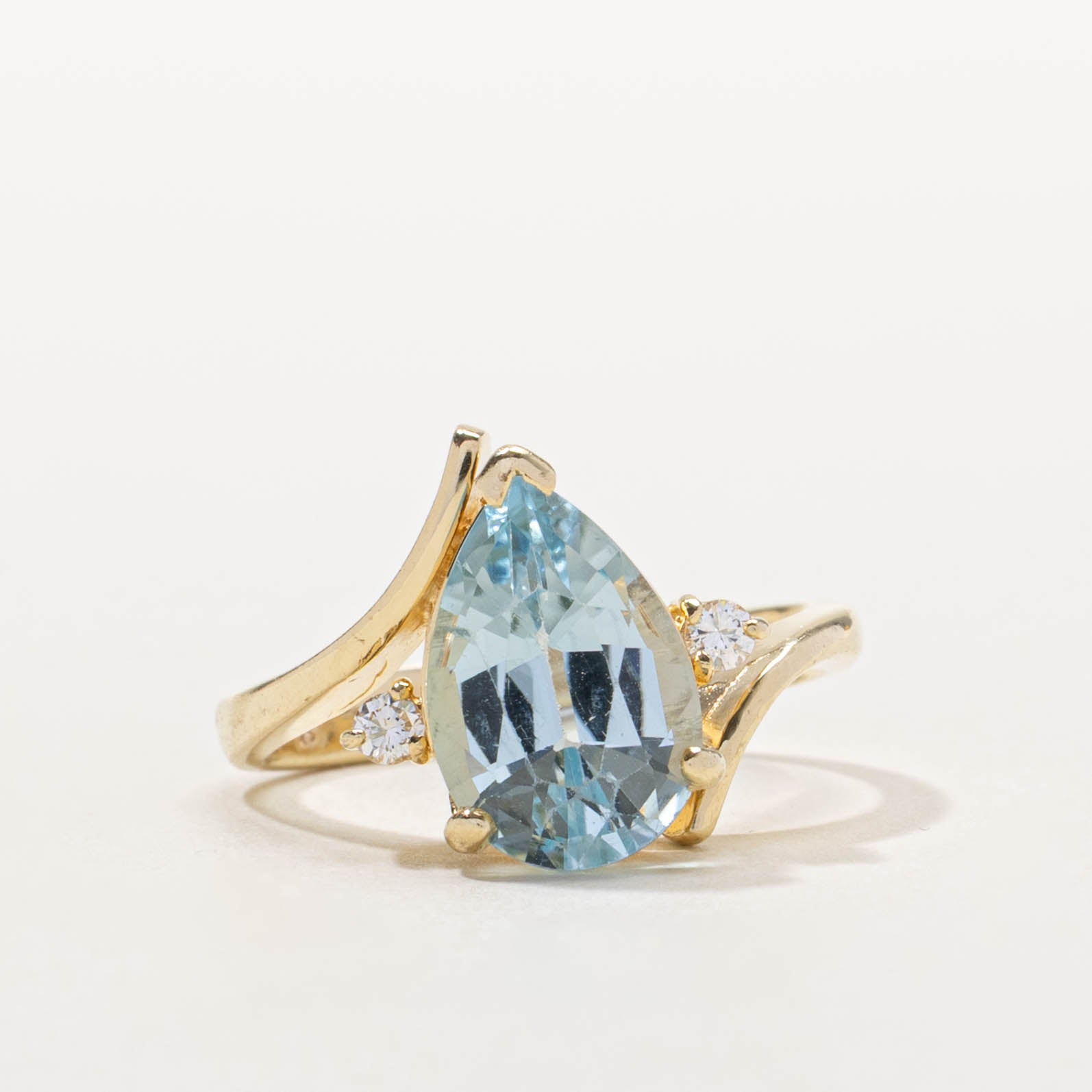 14k Pear Cut Blue Topaz & Diamond Bypass Ring | 3.85ct, 0.07ctw | SZ 6