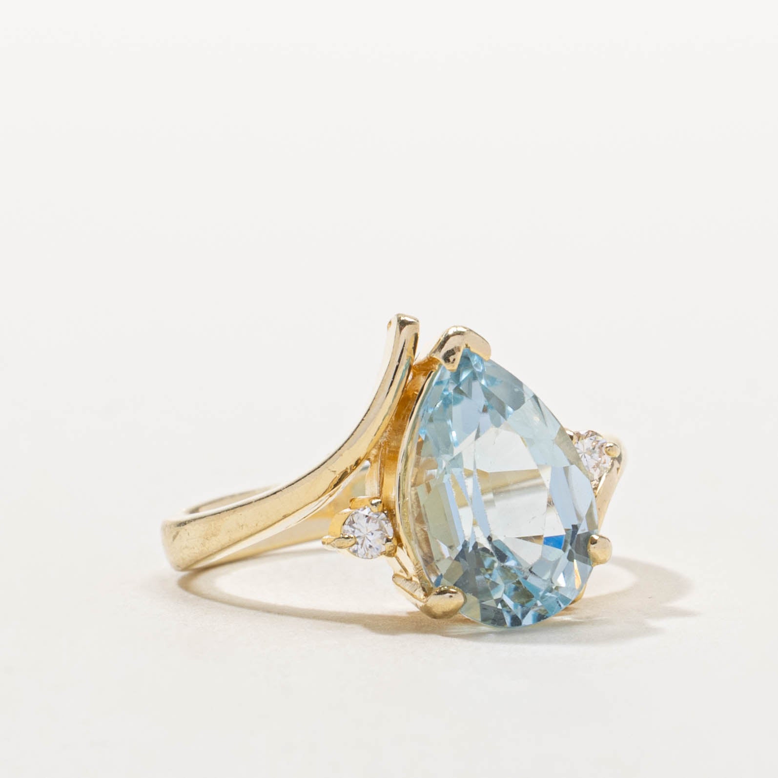 14k Pear Cut Blue Topaz & Diamond Bypass Ring | 3.85ct, 0.07ctw | SZ 6