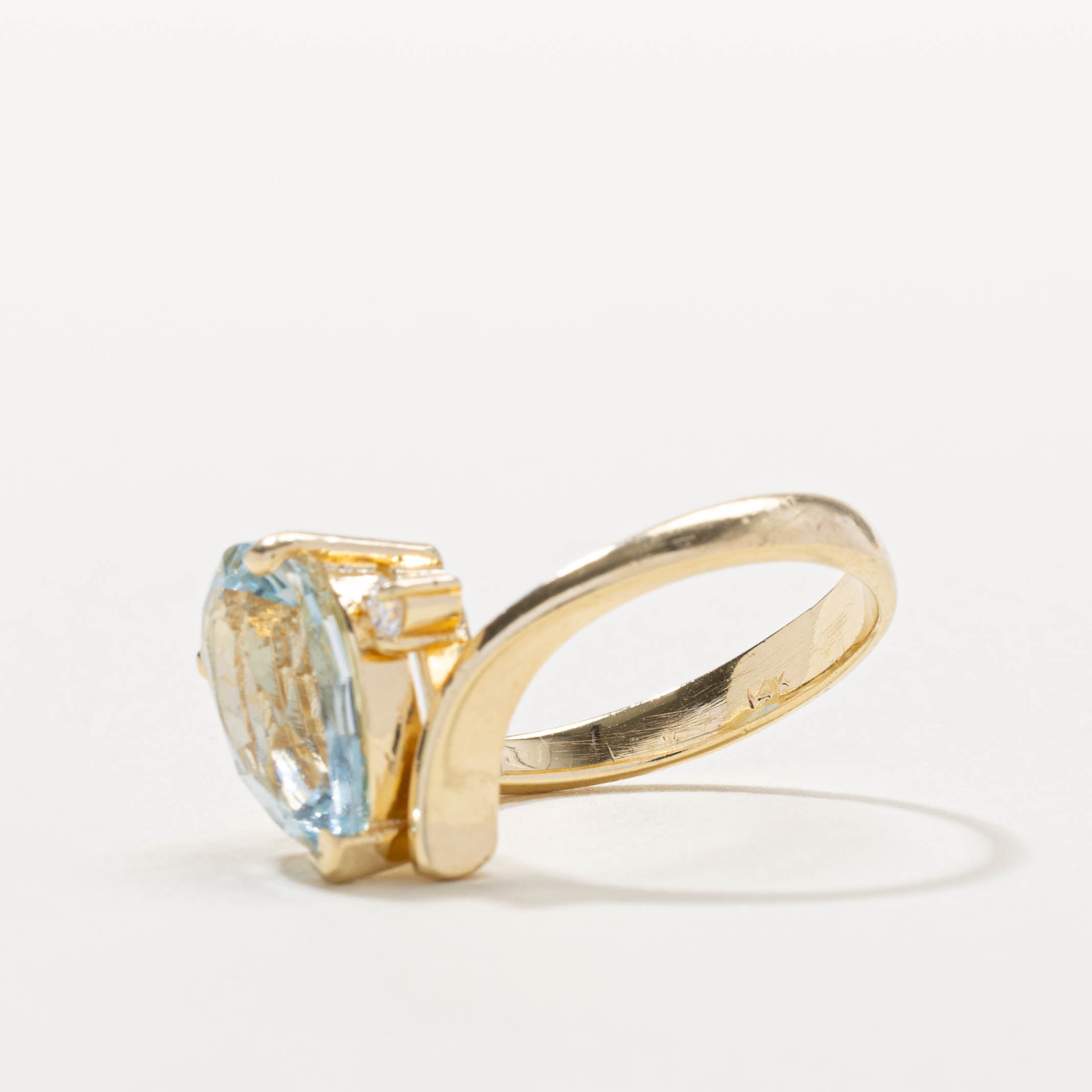 14k Pear Cut Blue Topaz & Diamond Bypass Ring | 3.85ct, 0.07ctw | SZ 6