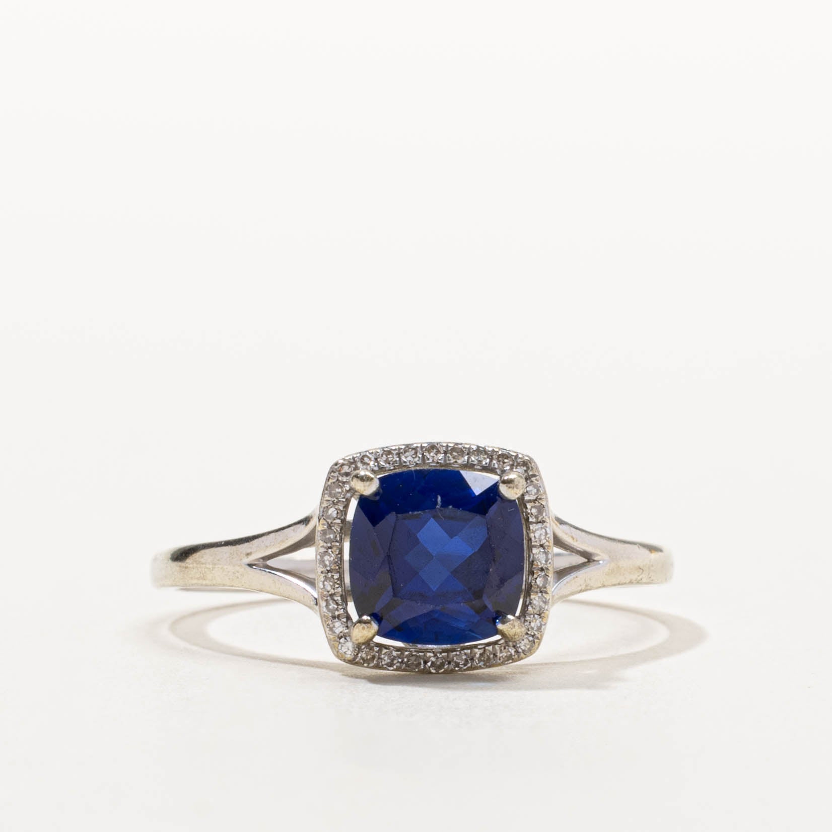 10k Cushion Cut Synthetic Sapphire & Diamond Halo Ring | 2.50ct, 0.10ctw | SZ 12.75