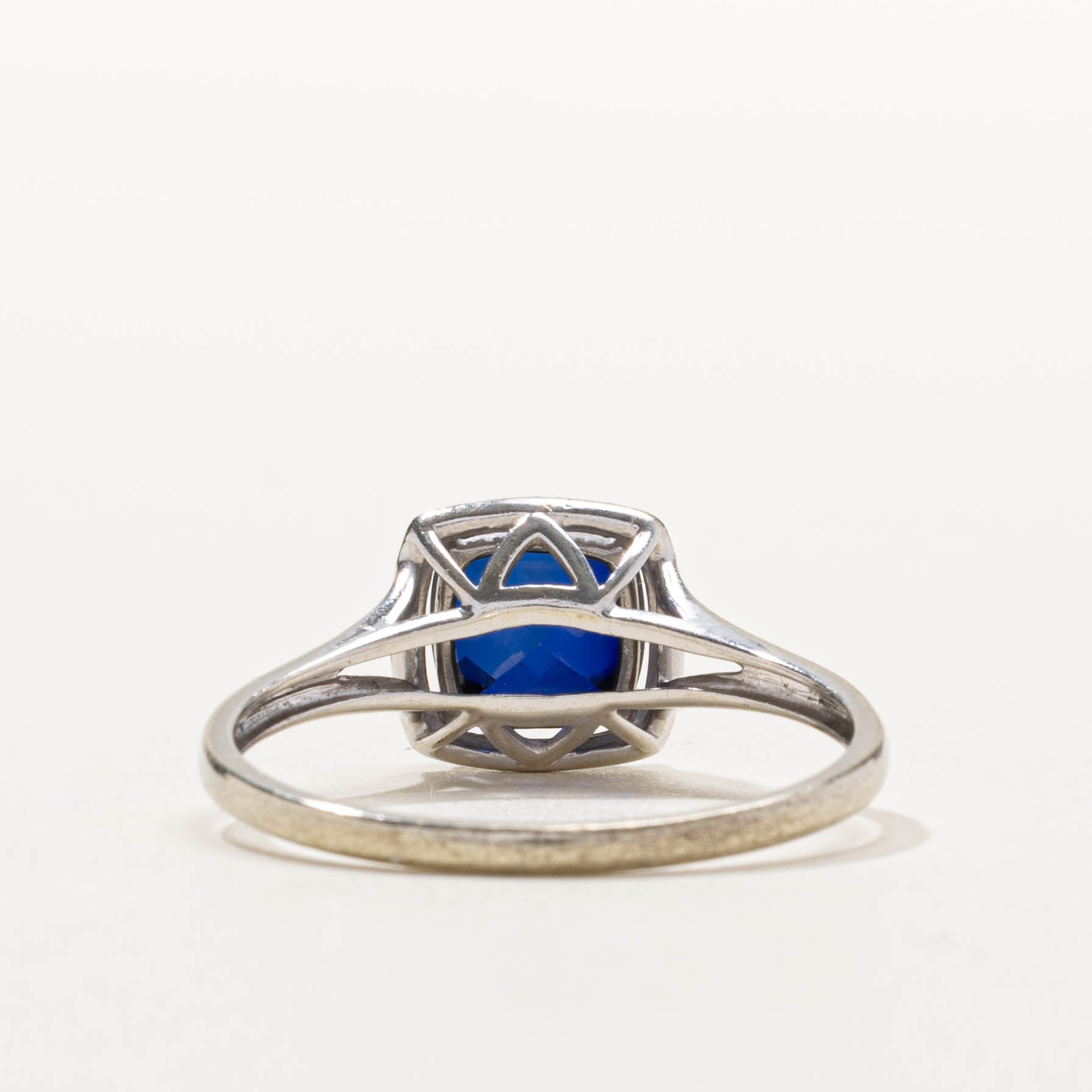 10k Cushion Cut Synthetic Sapphire & Diamond Halo Ring | 2.50ct, 0.10ctw | SZ 12.75