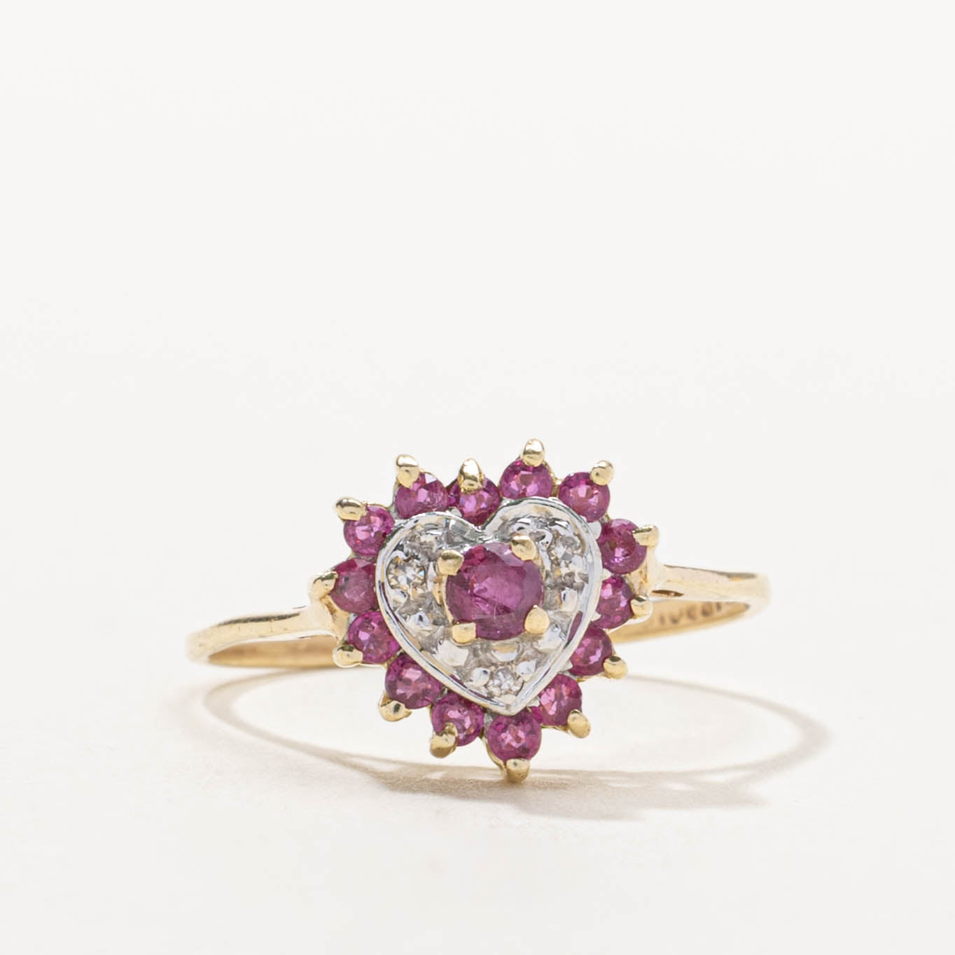 10k Ruby & Diamond Heart Cluster Ring | 0.45ctw, 0.03ctw | SZ 7.25