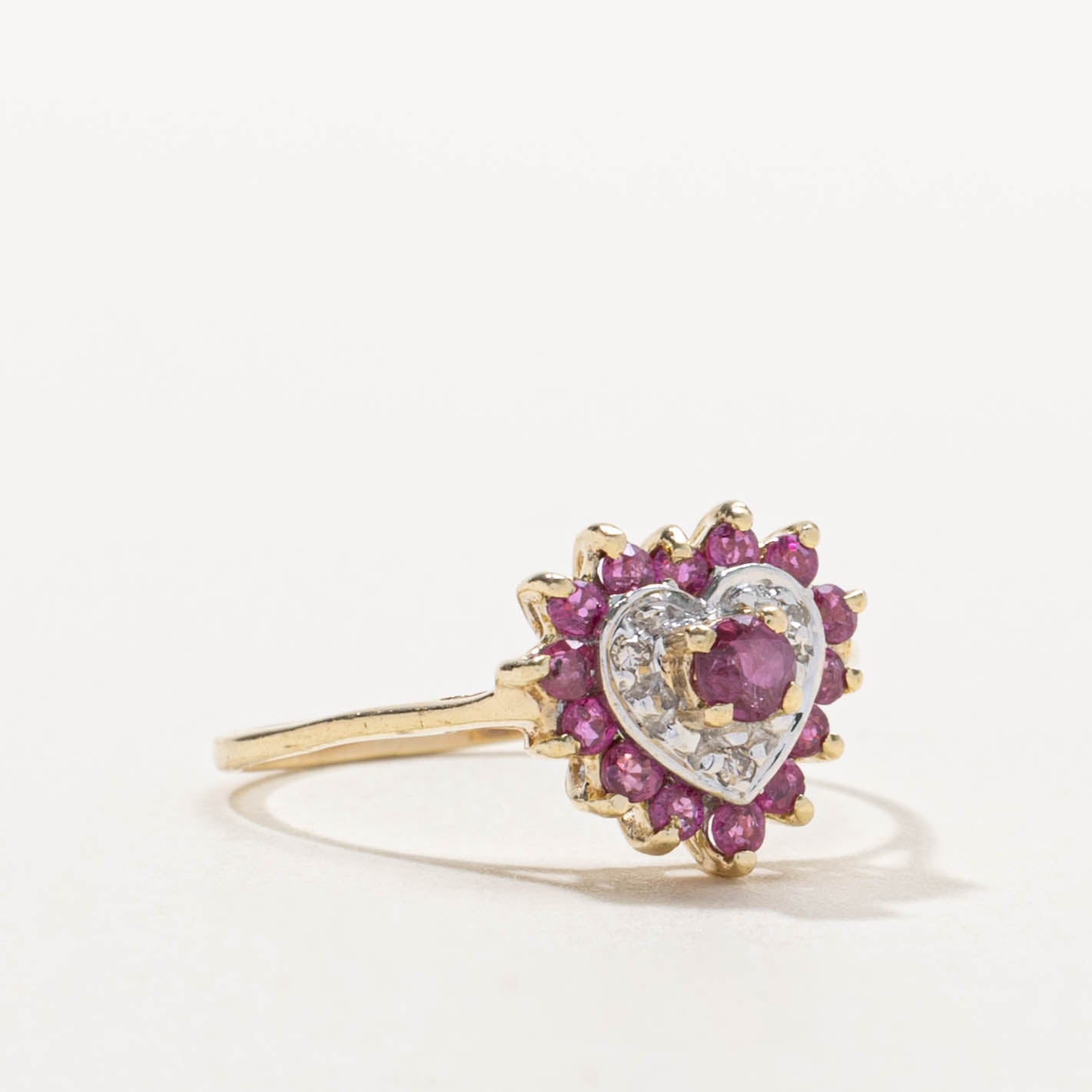 10k Ruby & Diamond Heart Cluster Ring | 0.45ctw, 0.03ctw | SZ 7.25
