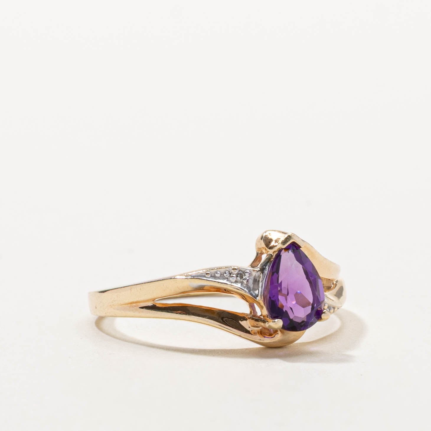 10k Pear Cut Amethyst & Diamond Accented Bypass Ring | 0.50ct, 0.01ctw | SZ 8.5