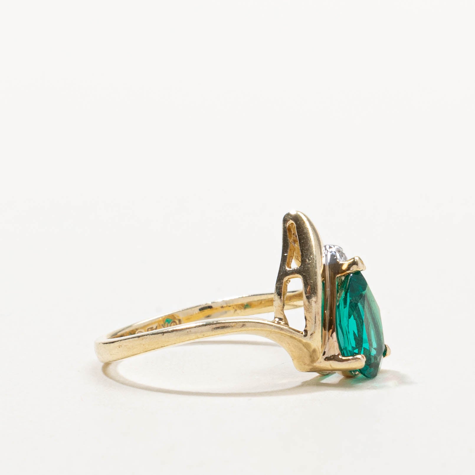 10k Pear Cut Synthetic Emerald & Diamond Accented Ring | 1.15ct, 0.01ctw | SZ 6.75