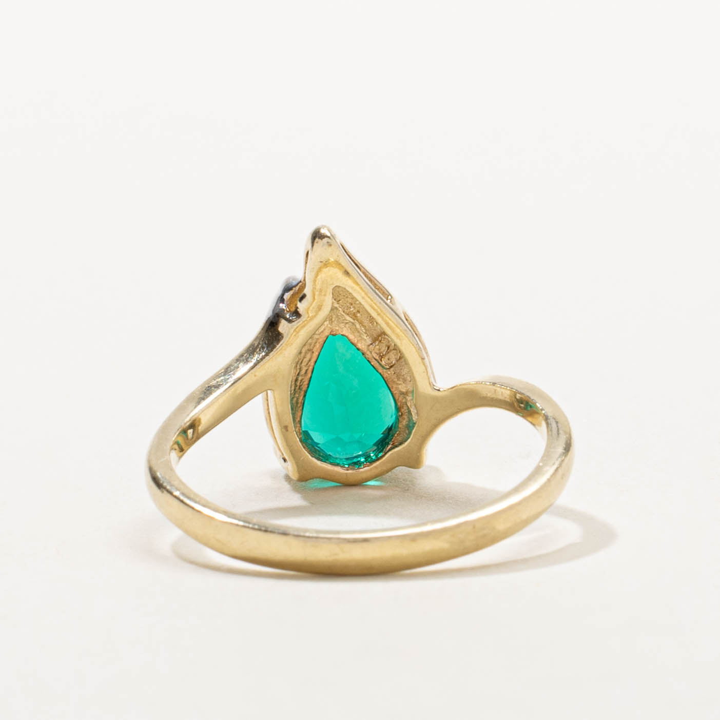 10k Pear Cut Synthetic Emerald & Diamond Accented Ring | 1.15ct, 0.01ctw | SZ 6.75