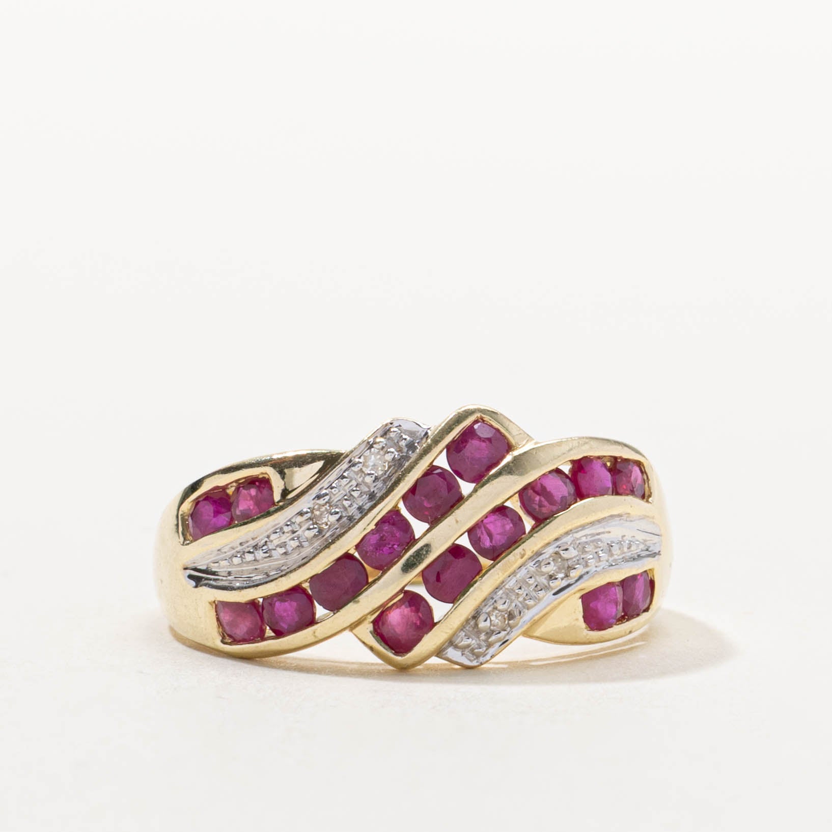 14k Channel Set Multi Row Ruby & Diamond Wave Ring | 1.00ctw, 0.02ctw | SZ 9