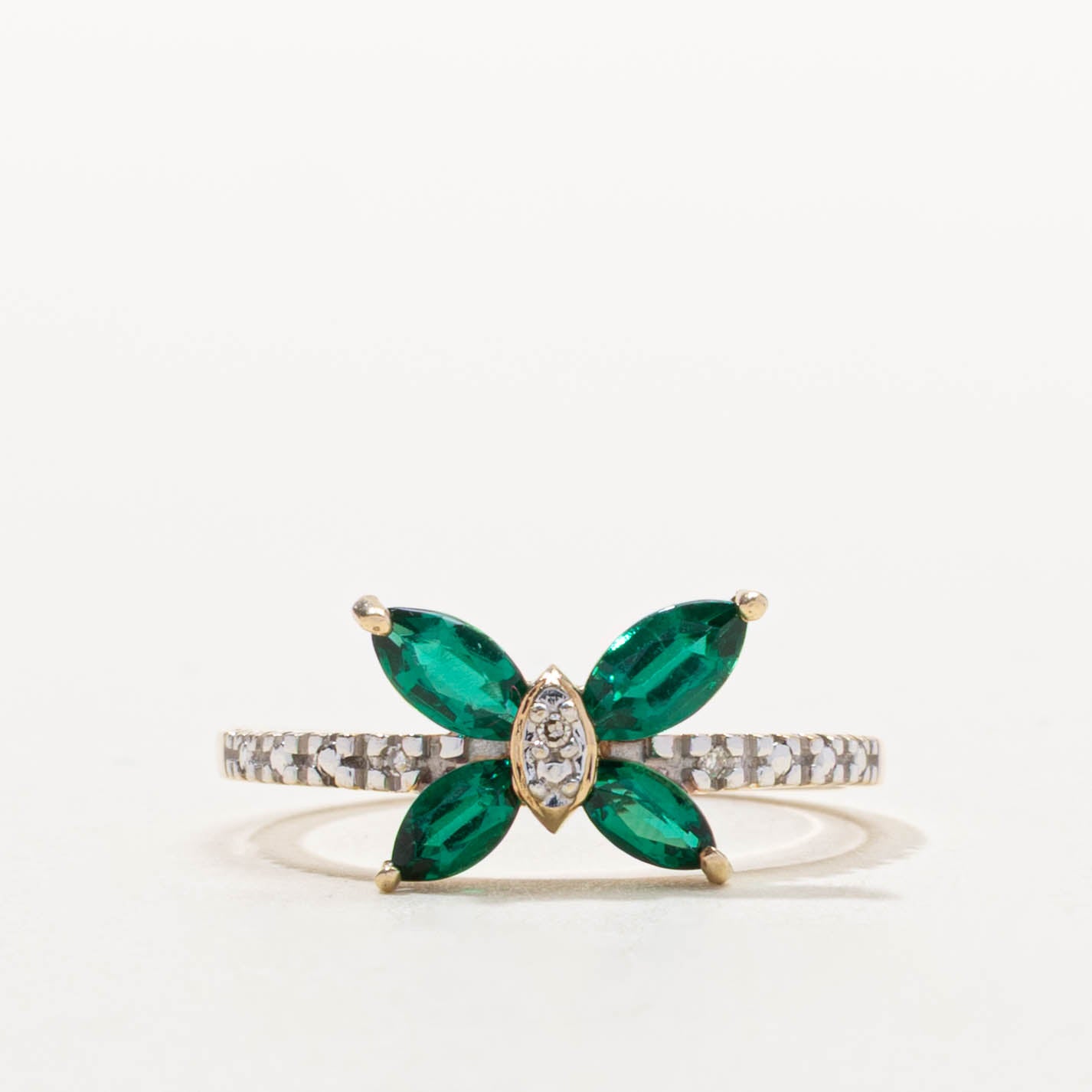 10k Synthetic Emerald & Diamond Butterfly Ring | 0.50ctw, 0.02ctw | SZ 7.25