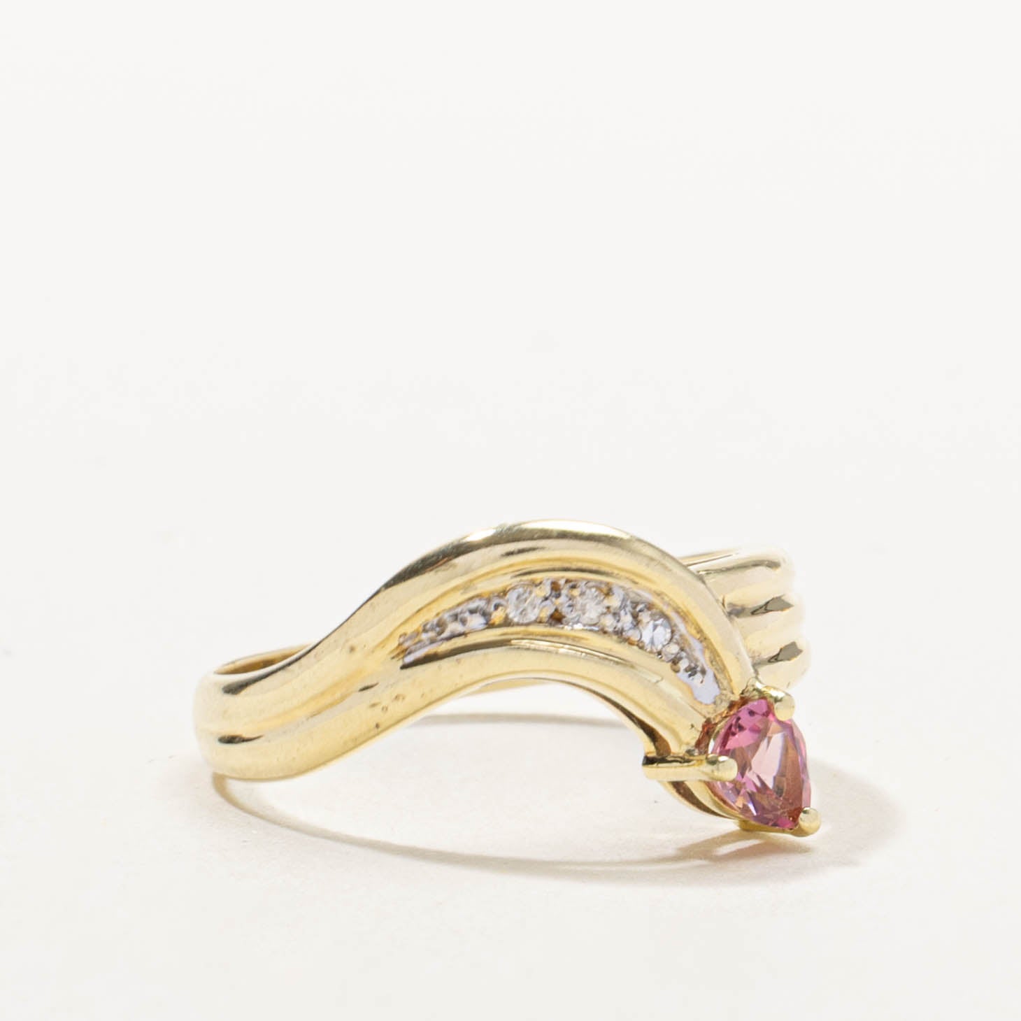 14k Pink Tourmaline & Diamond Grooved Bypass Ring | 0.25ct, 0.03ctw | SZ 6.75