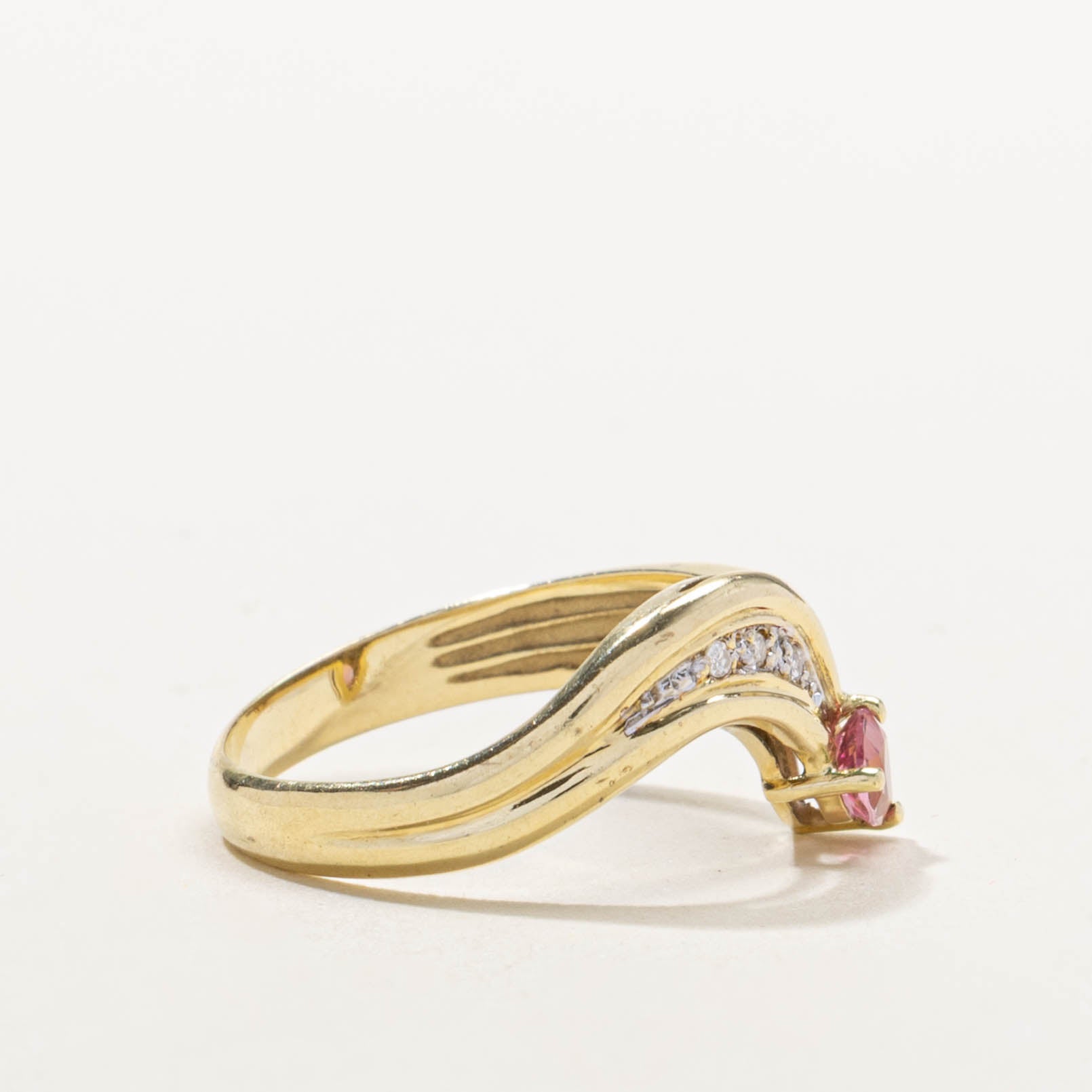 14k Pink Tourmaline & Diamond Grooved Bypass Ring | 0.25ct, 0.03ctw | SZ 6.75