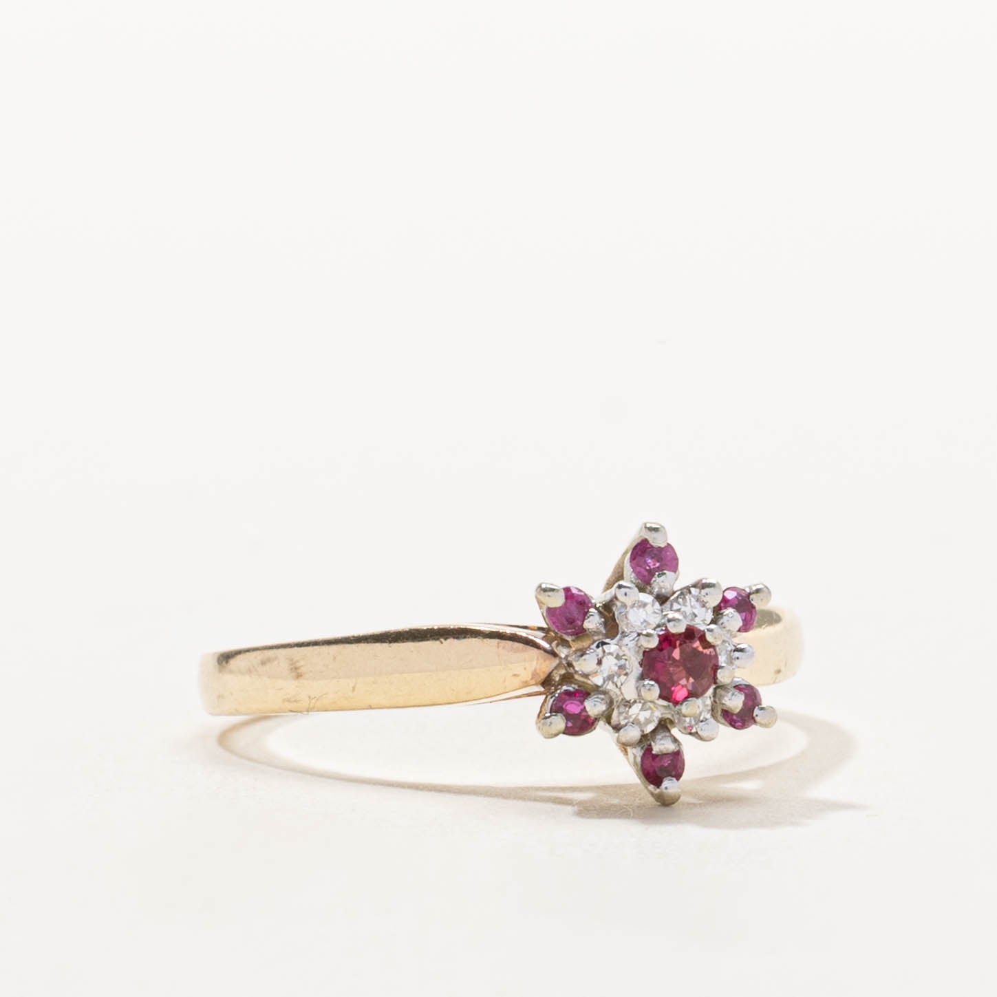 10k Ruby & Diamond Floral Cluster Ring | 0.15ctw, 0.06ctw | SZ 7.5