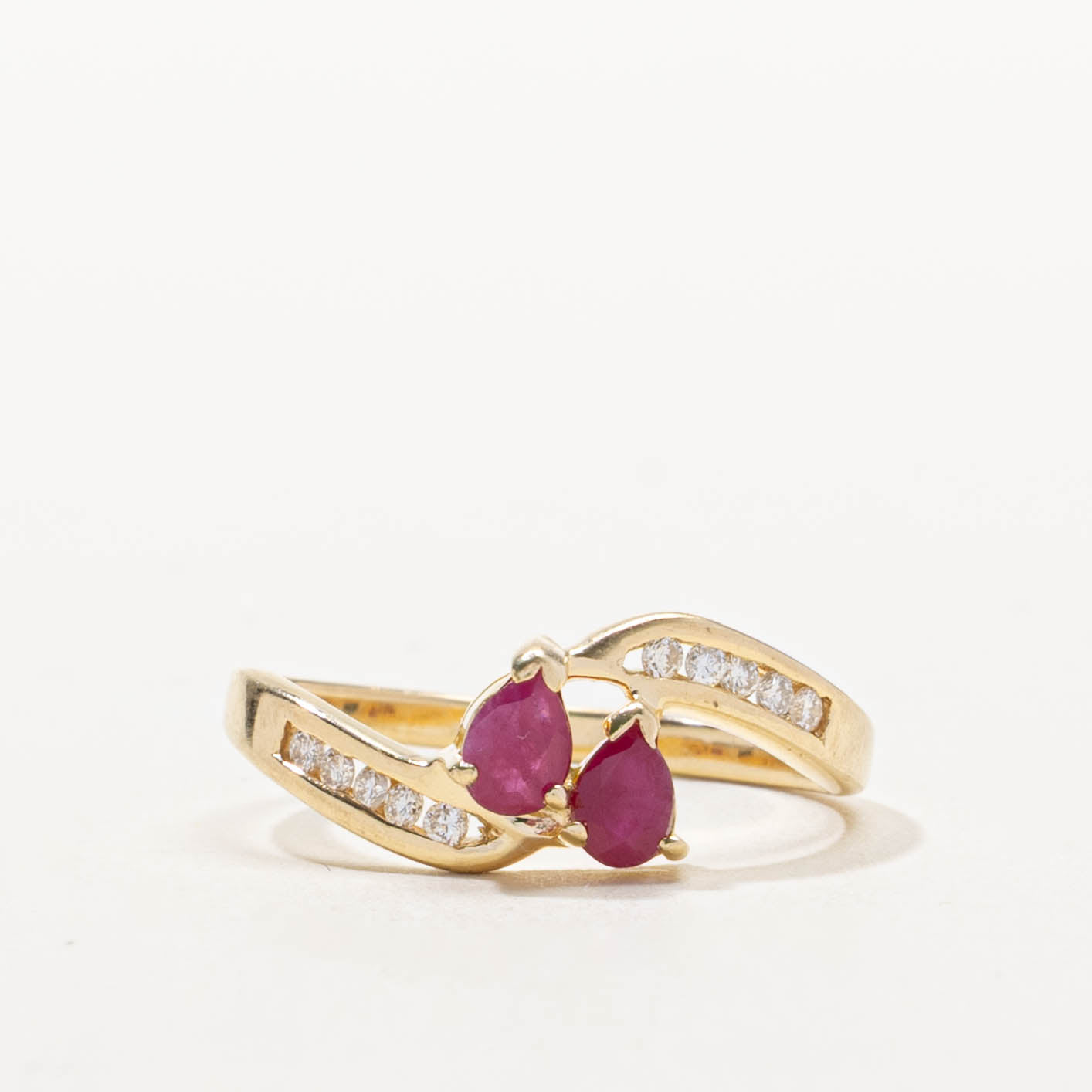 14k Two Stone Ruby & Diamond Accented Bypass Ring | 0.30ctw, 0.10ctw | SZ 6