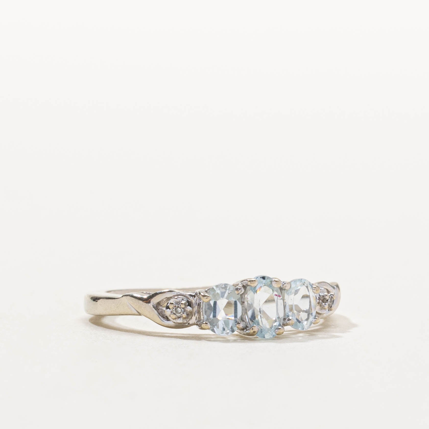 10k Three Stone Aquamarine & Diamond Accented Ring | 0.50ctw, 0.01ctw | SZ 6