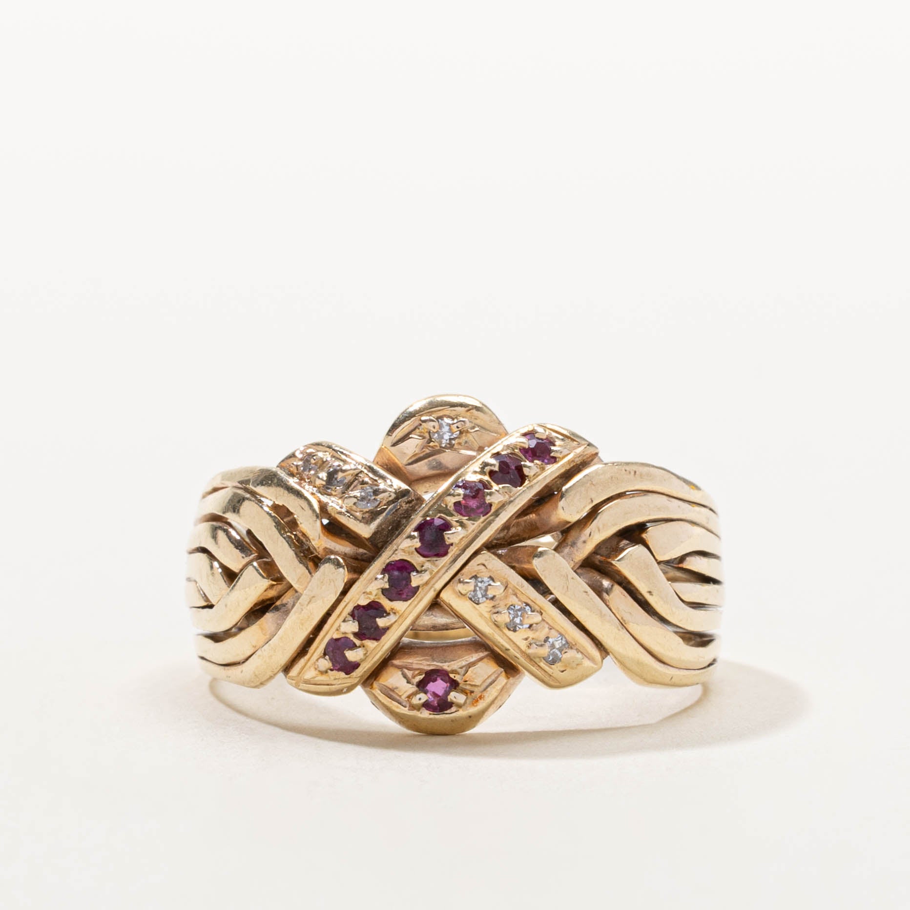 10k Ruby & Diamond Soldered Puzzle Ring | 0.16ctw, 0.07ctw | SZ 11.75