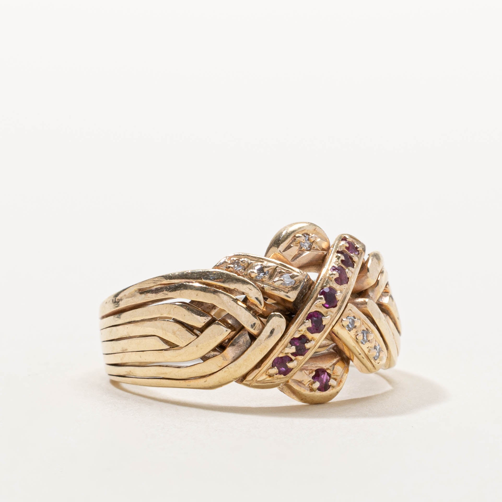 10k Ruby & Diamond Soldered Puzzle Ring | 0.16ctw, 0.07ctw | SZ 11.75