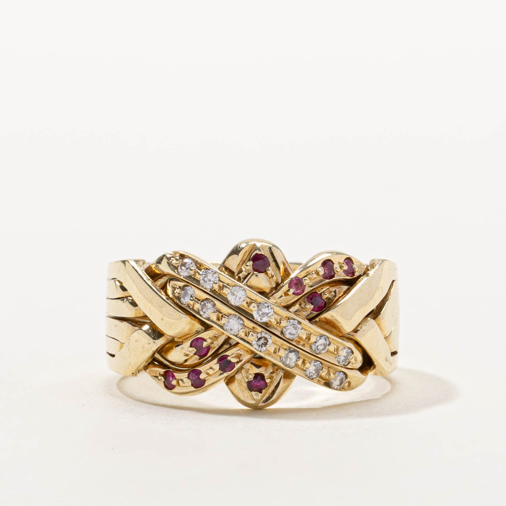 80s Ruby & Diamond Soldered Puzzle Ring | 0.10ctw, 0.14ctw | SZ 8