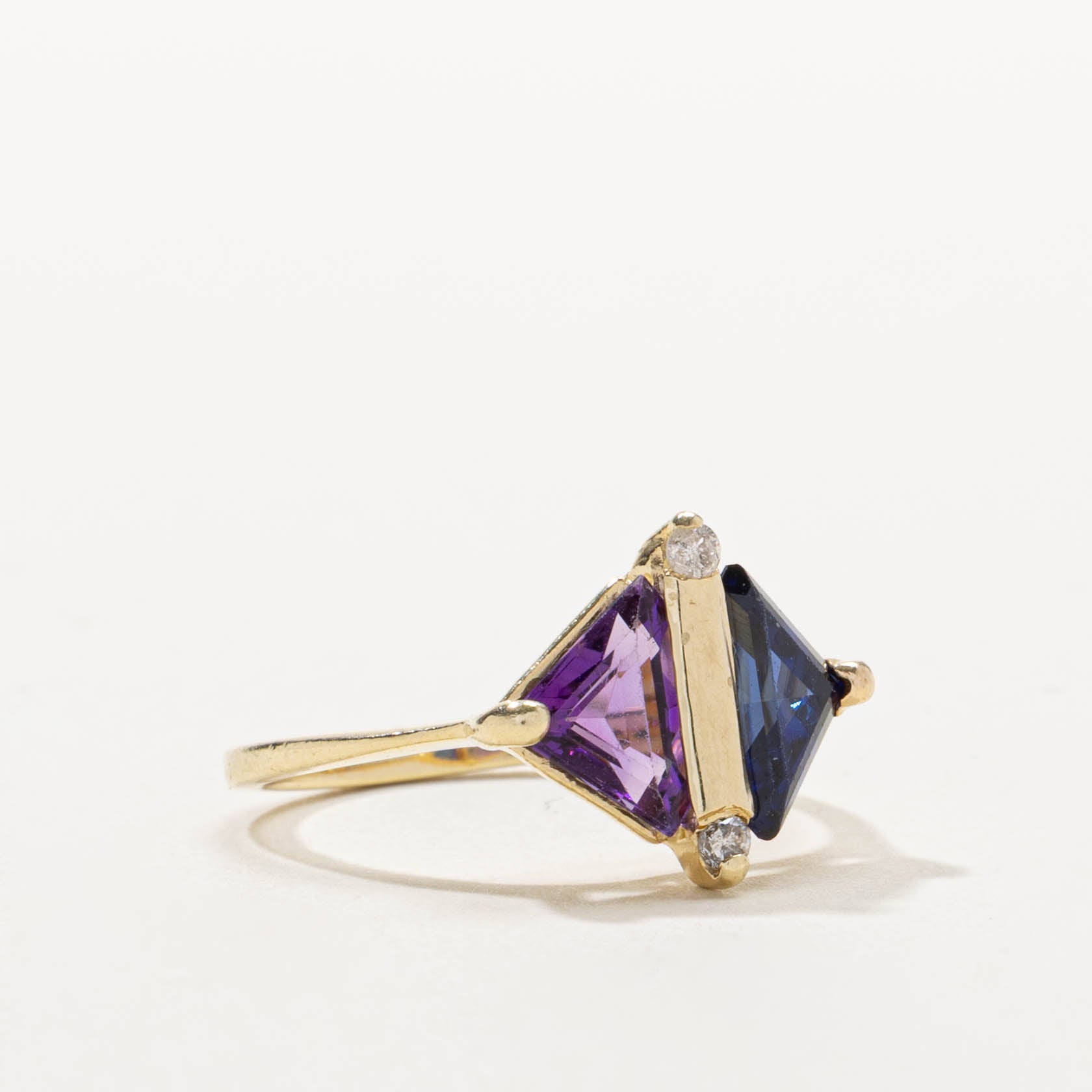 14k Amethyst, Synthetic Sapphire & Diamond Accented Ring | 1.90ctw, 0.05ctw | SZ 6.25